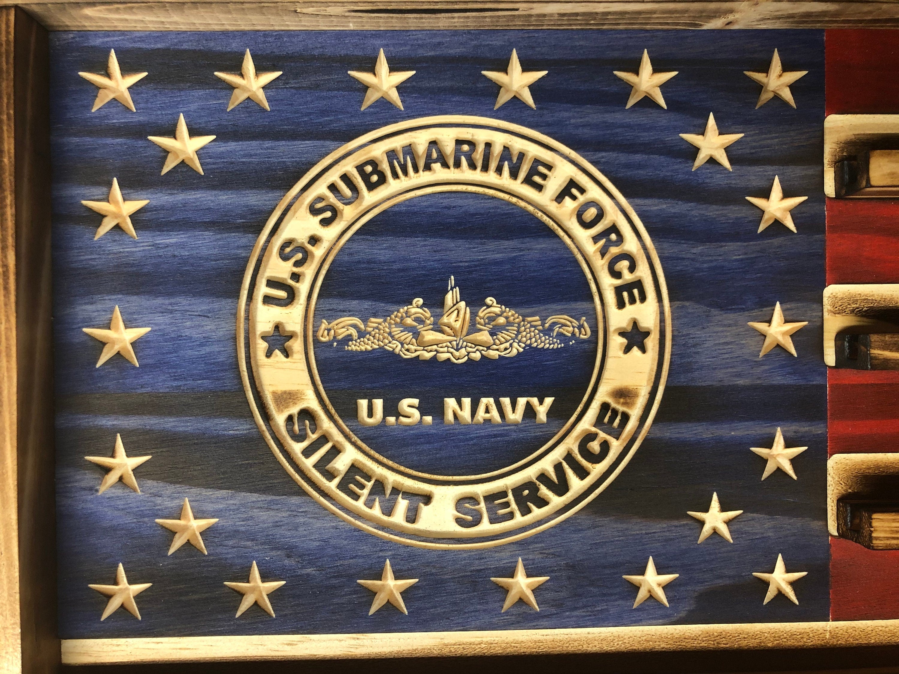 Silent Service Challenge Coin Display Rack Holder - Rustic American Flag - US Navy Silent Service Coin Display