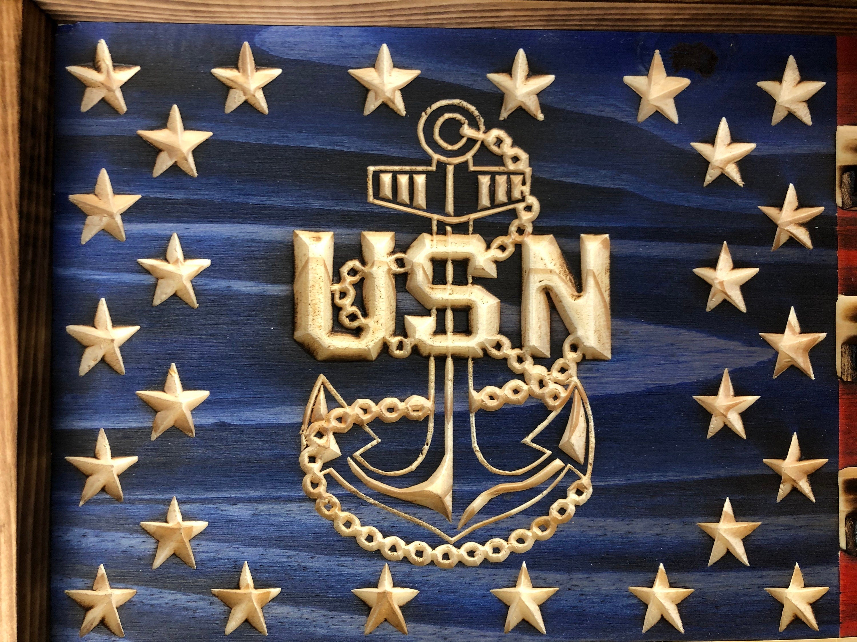 US Navy Chief Challenge Coin Display Rack Holder - Rustic Navy Chief American Flag - US Military Coin Display