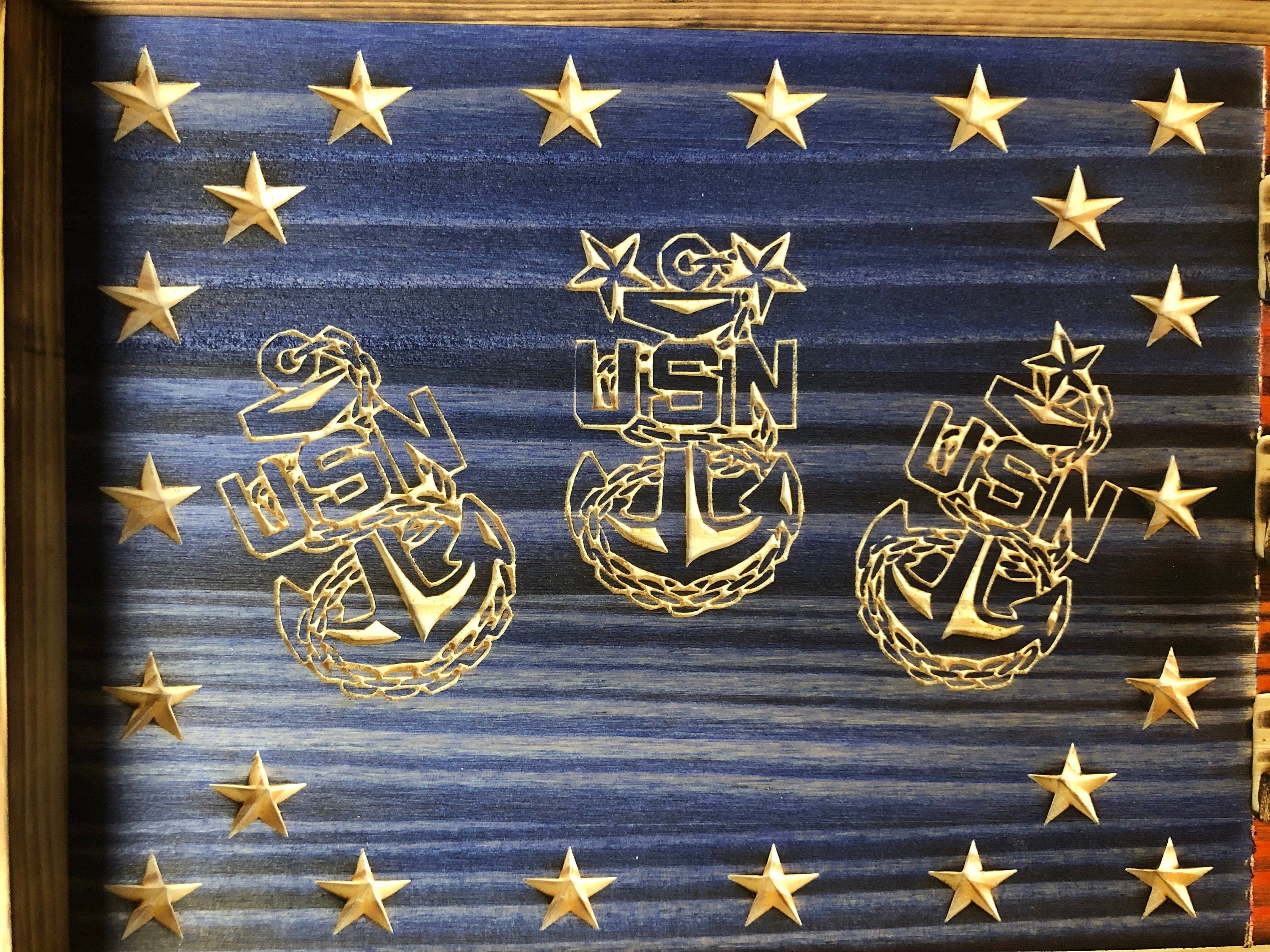 US Navy Chief Challenge Coin Display Rack Holder - Rustic Navy Chief American Flag - US Military Coin Display