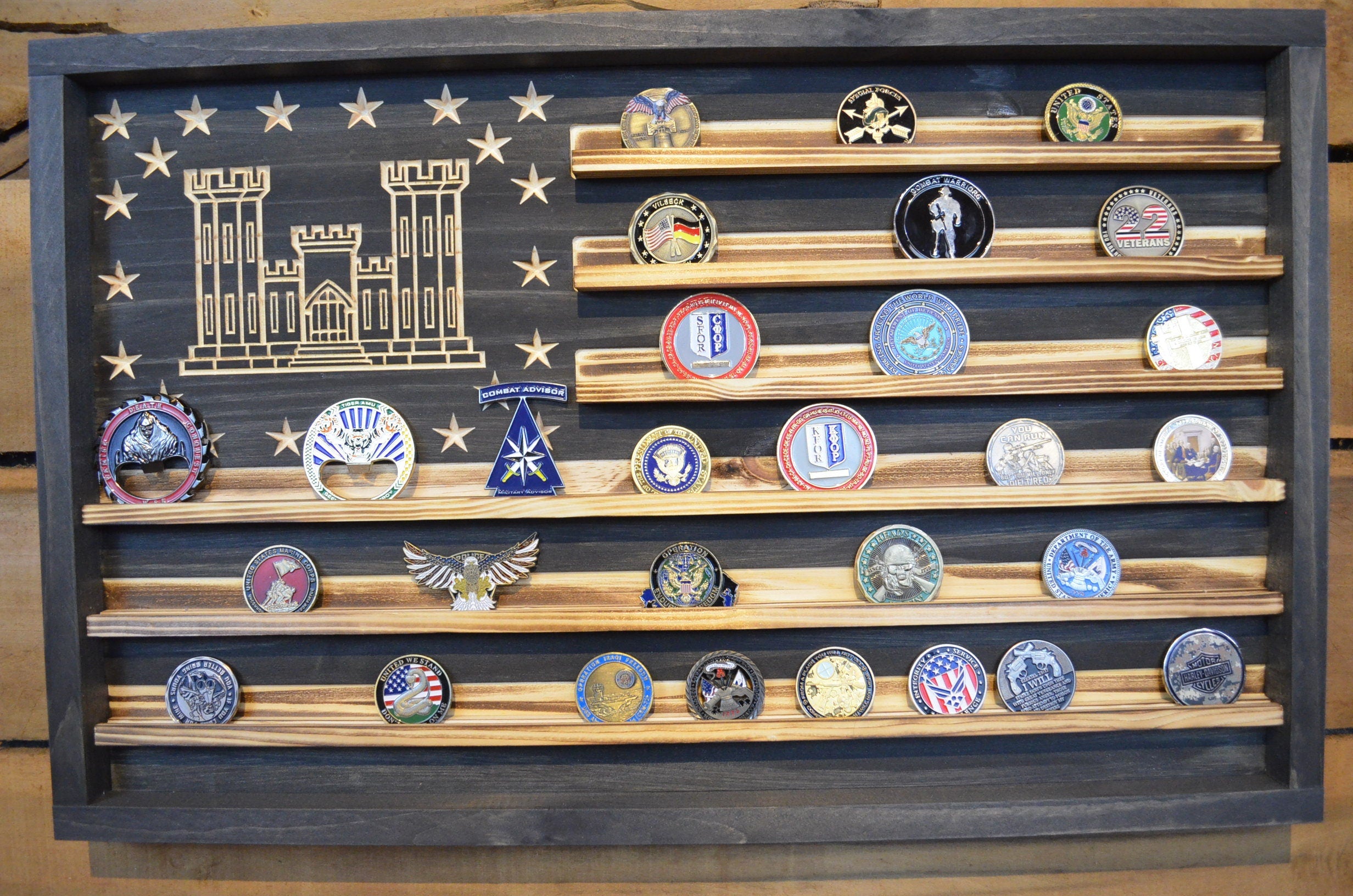 US Army Corps of Engineers Castle Challenge Coin Display Rack Holder - Rustic Army Engineer Castle American Flag - Military Coin Display
