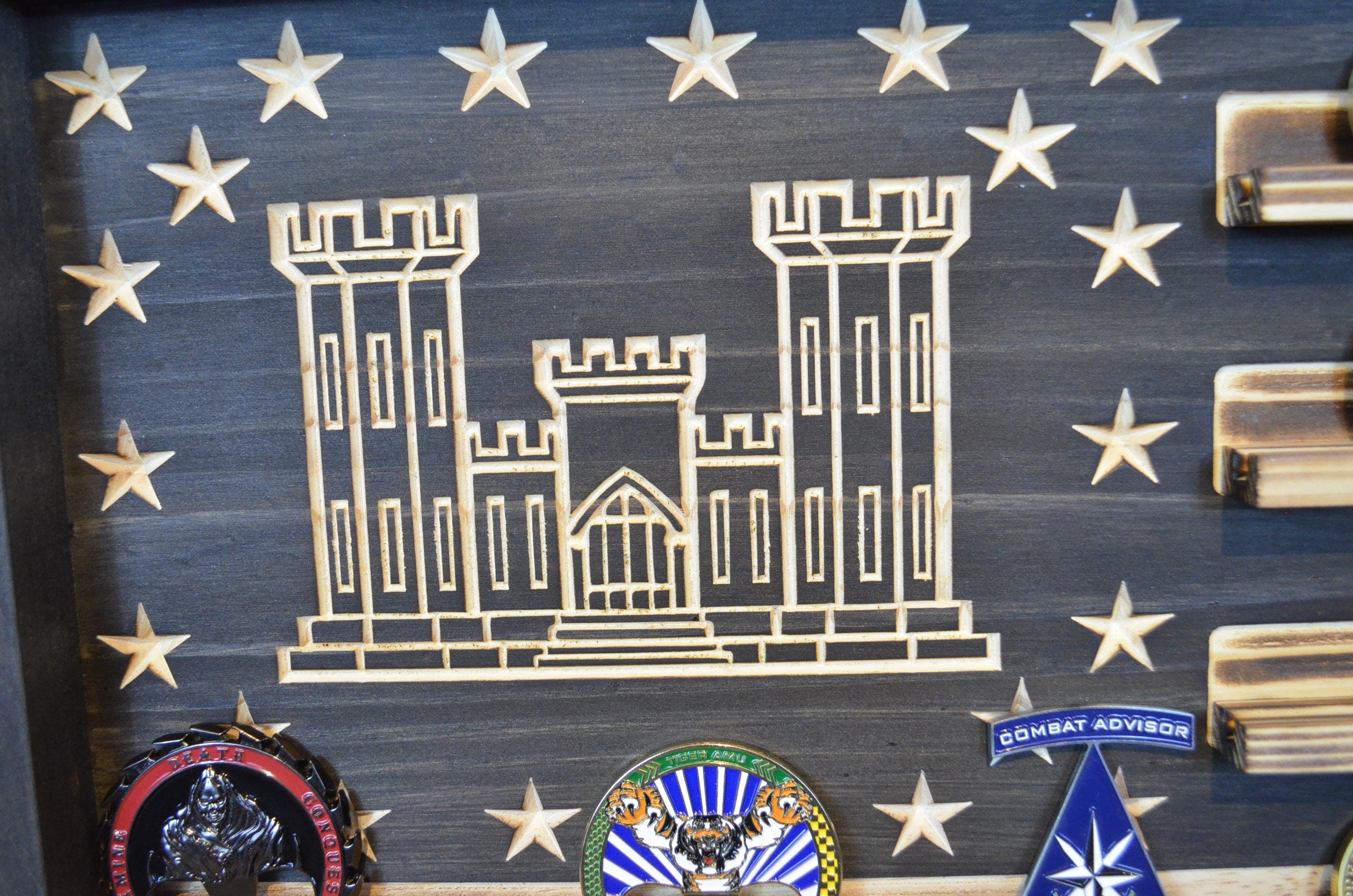 US Army Corps of Engineers Castle Challenge Coin Display Rack Holder - Rustic Army Engineer Castle American Flag - Military Coin Display