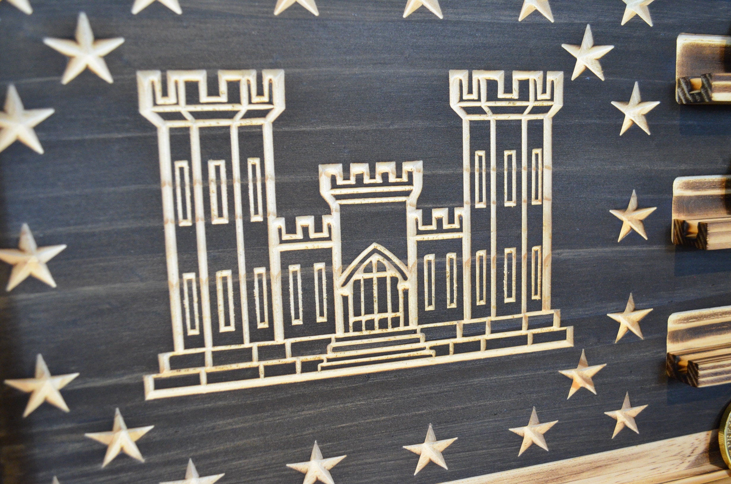 US Army Corps of Engineers Castle Challenge Coin Display Rack Holder - Rustic Army Engineer Castle American Flag - Military Coin Display