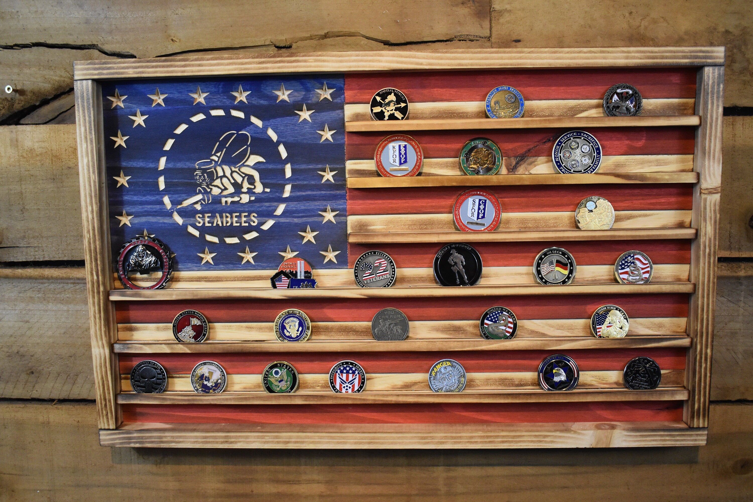 US Navy Seabees Challenge Coin Display Rack Holder - Rustic American Flag - Navy Seabees Coin Display