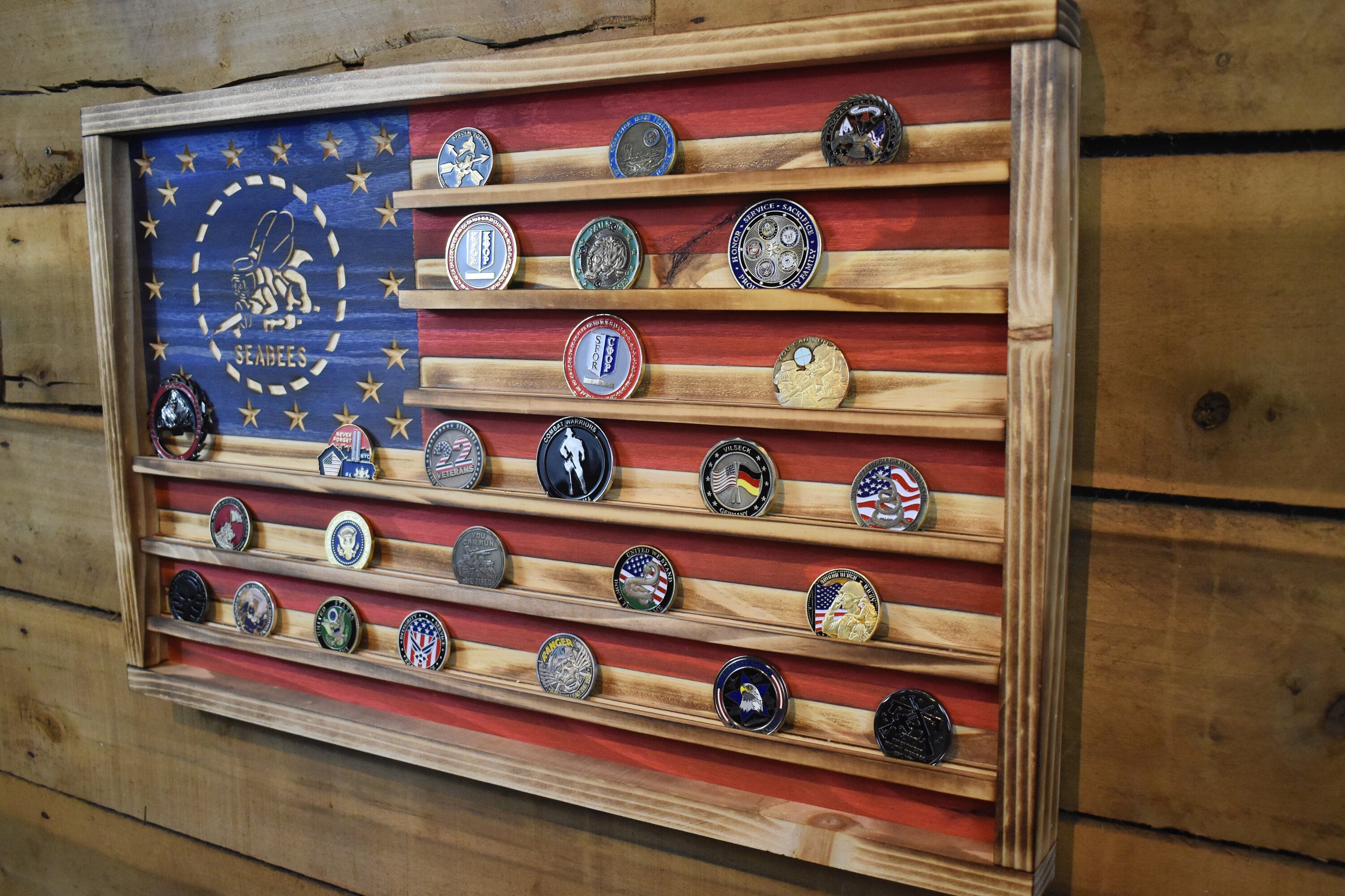 US Navy Seabees Challenge Coin Display Rack Holder - Rustic American Flag - Navy Seabees Coin Display
