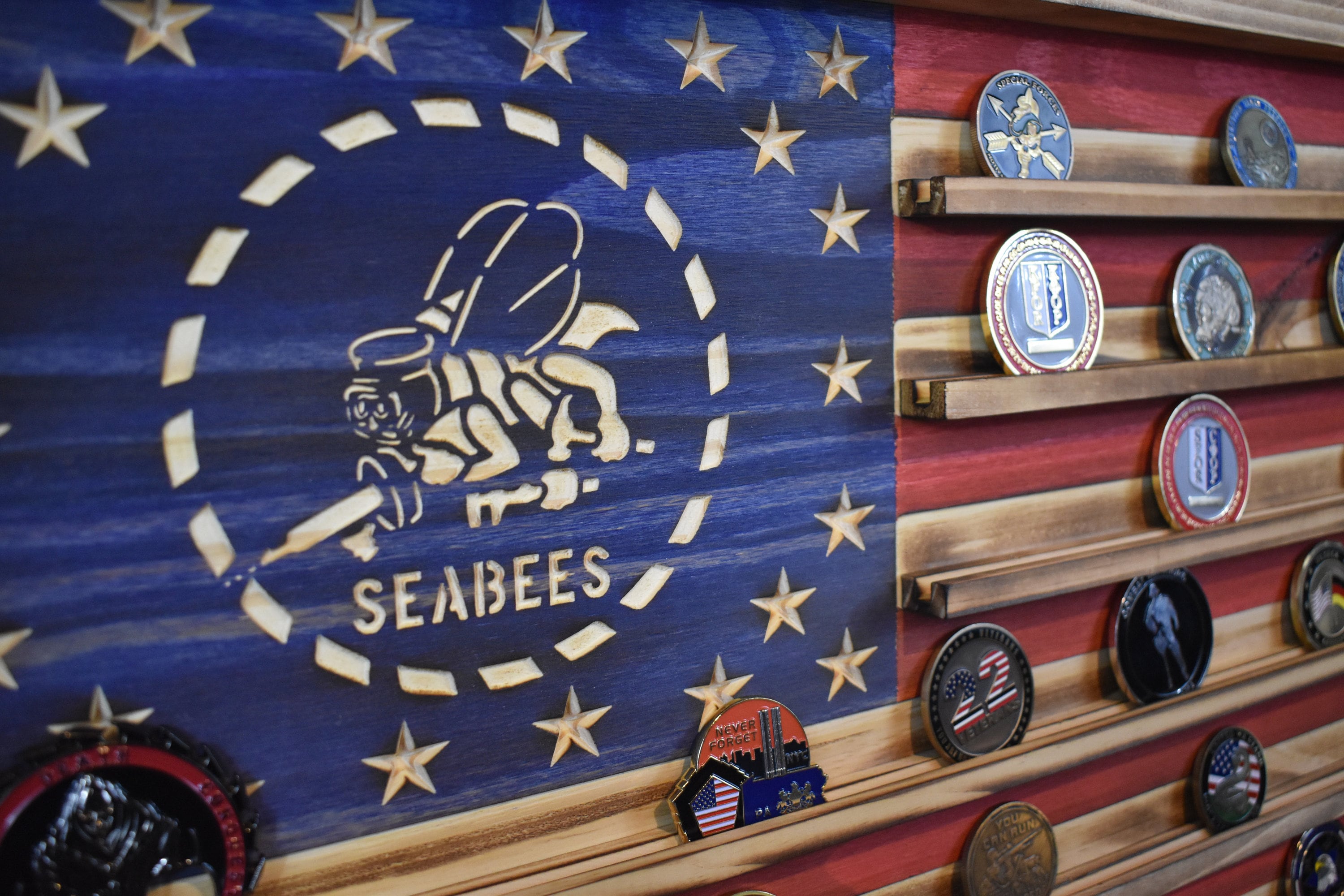 US Navy Seabees Challenge Coin Display Rack Holder - Rustic American Flag - Navy Seabees Coin Display