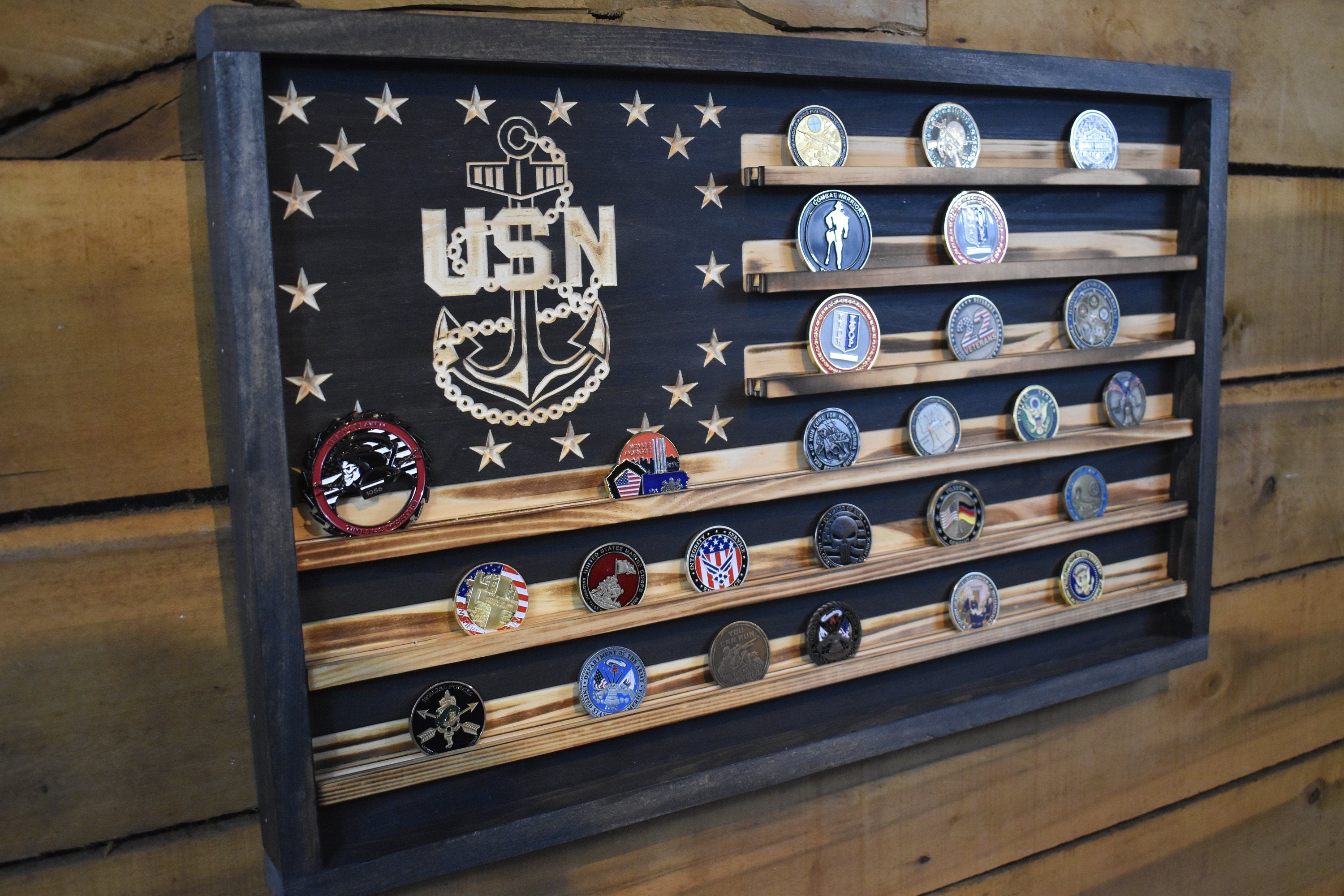 US Navy Chief Challenge Coin Display Rack Holder - Rustic Navy Chief American Flag - US Military Coin Display
