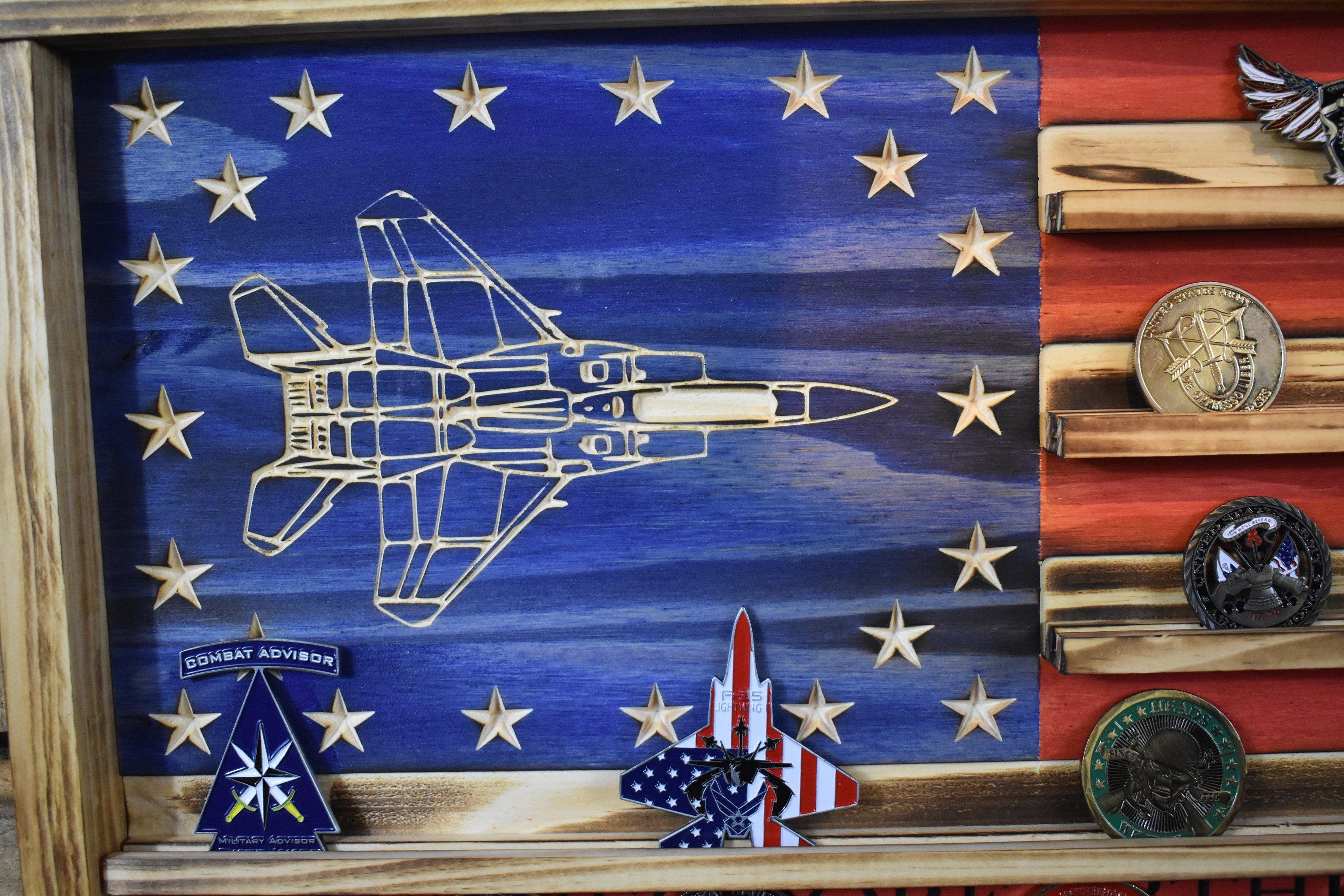F-15 Airplane Challenge Coin Display Rack Holder - Rustic Air Force American Flag - Fighter Jet Coin Display