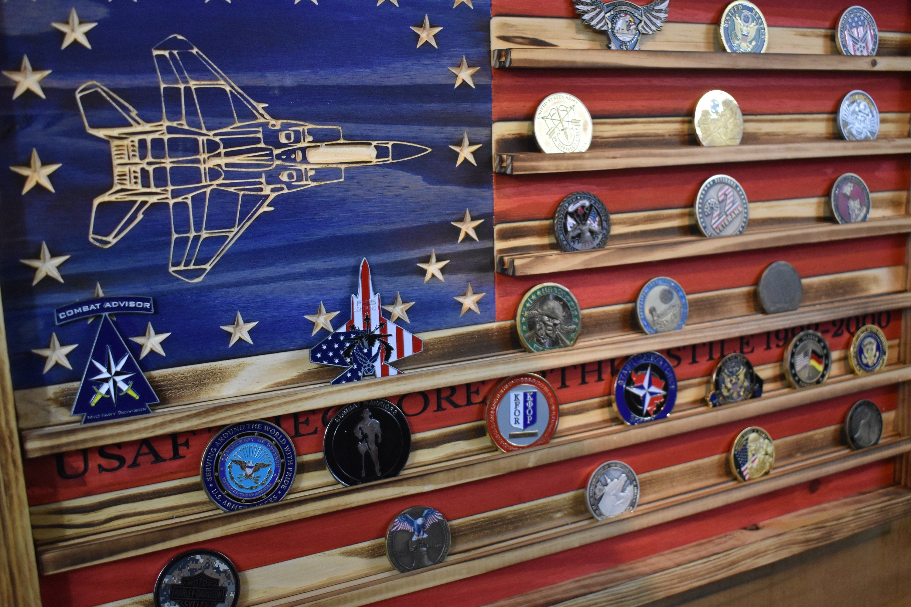 F-15 Airplane Challenge Coin Display Rack Holder - Rustic Air Force American Flag - Fighter Jet Coin Display