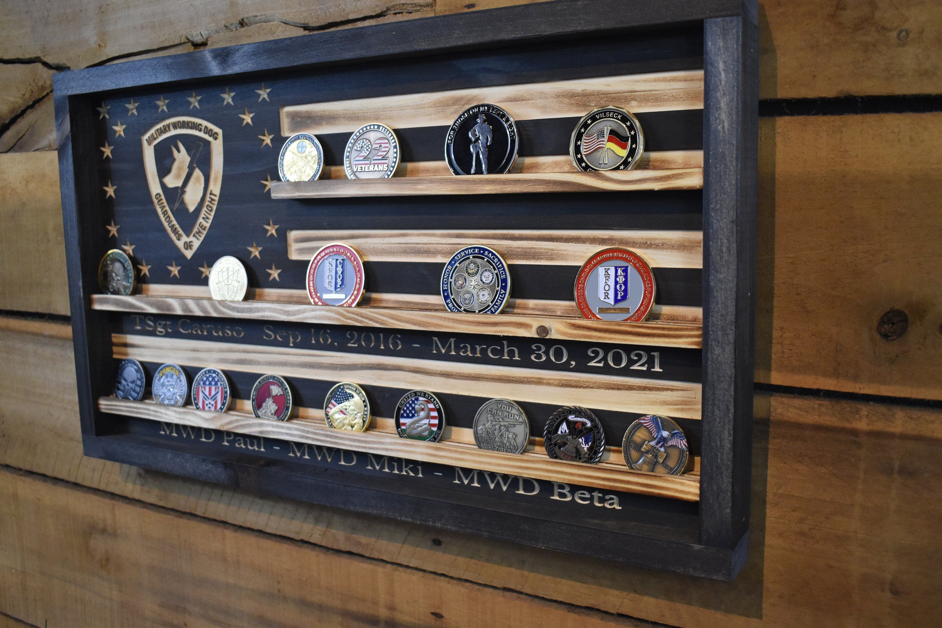 US Military Working Dog Challenge Coin Display Rack Holder - Rustic K9 Working Dog American Flag - Military Coin Display