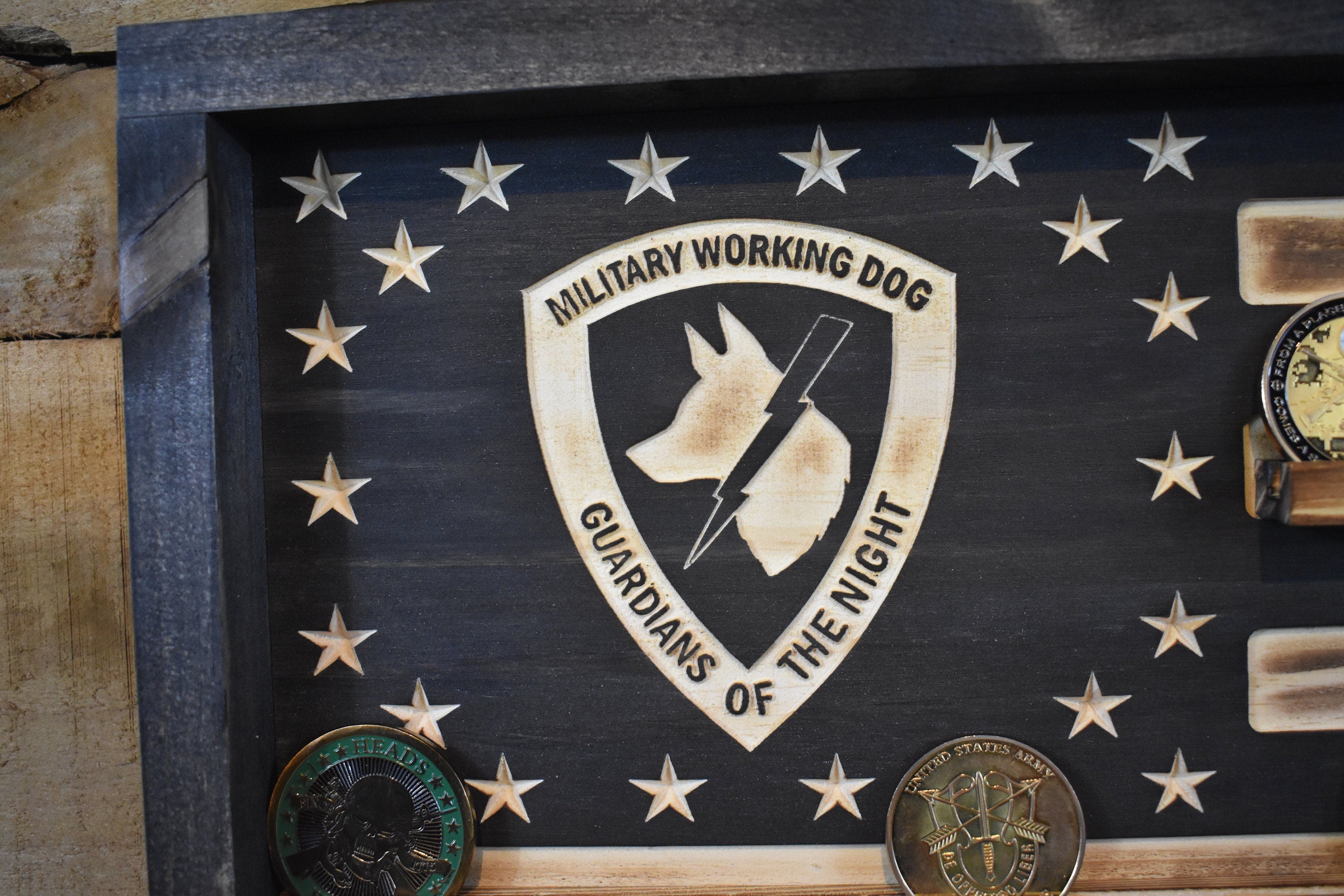 US Military Working Dog Challenge Coin Display Rack Holder - Rustic K9 Working Dog American Flag - Military Coin Display