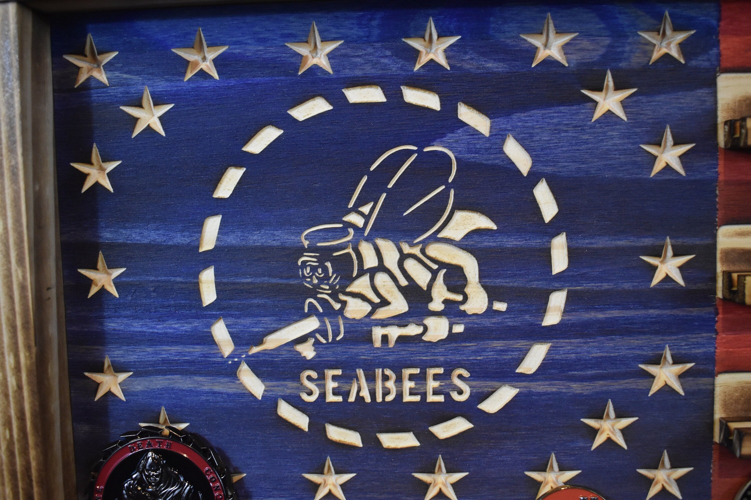 US Navy Seabees Challenge Coin Display Rack Holder - Rustic American Flag - Navy Seabees Coin Display