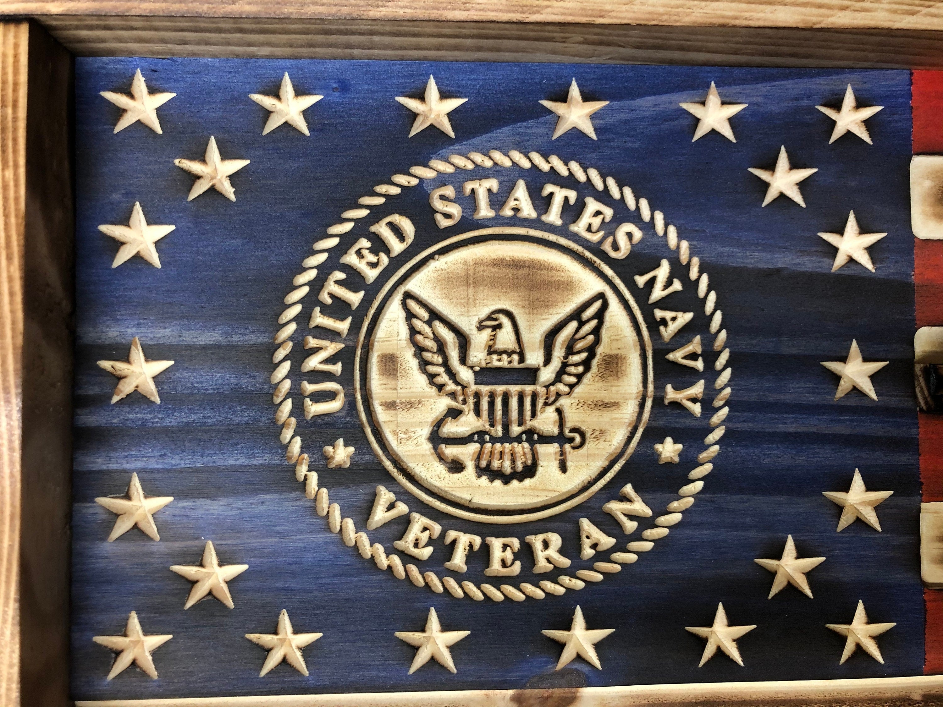 US Navy Veteran Challenge Coin Display Rack Holder - Rustic American Flag - Army Veteran Coin Display