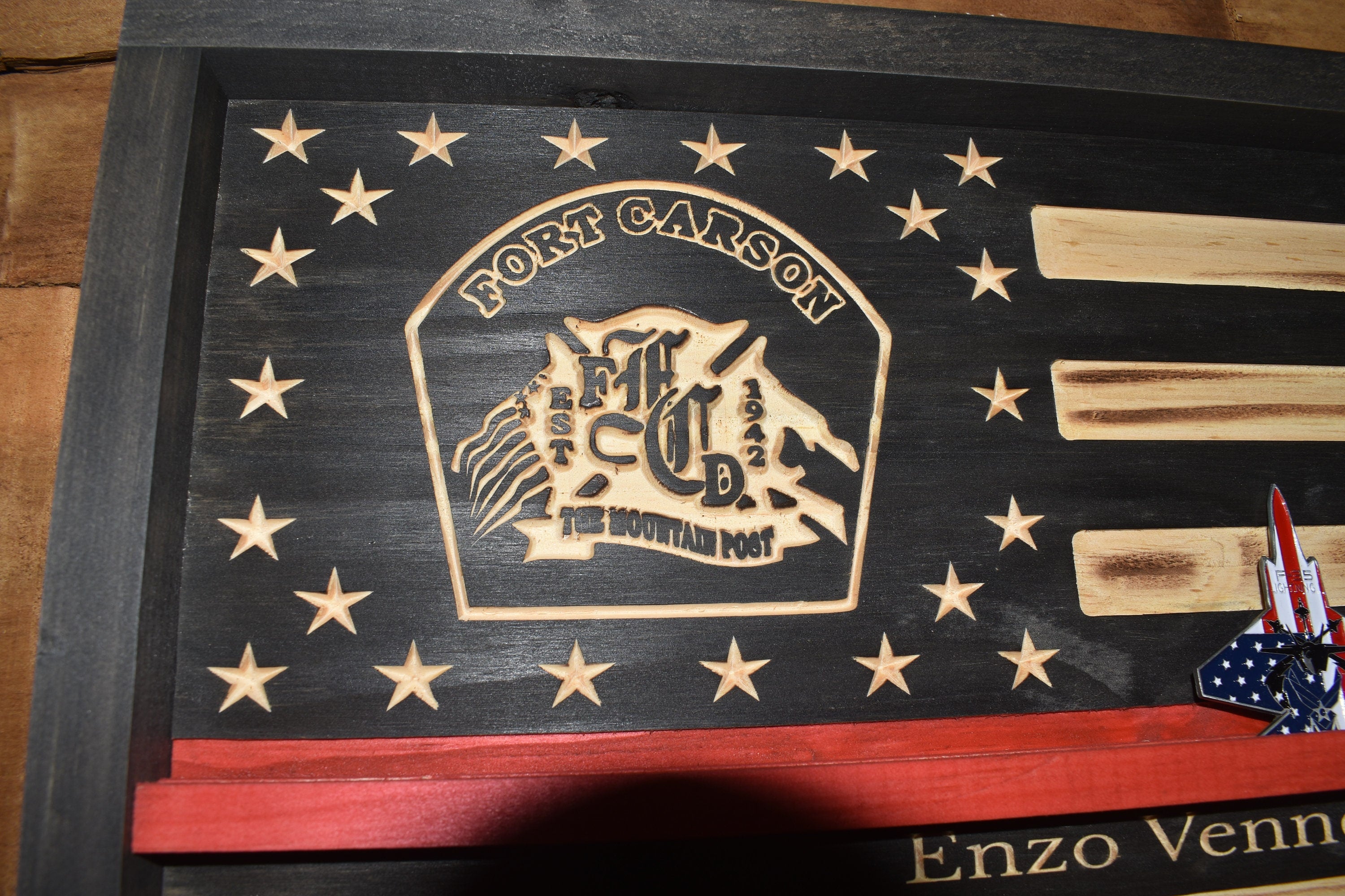 Thin Red Line Coin Display Rack Holder - Rustic Firefighter American Flag Coin Display