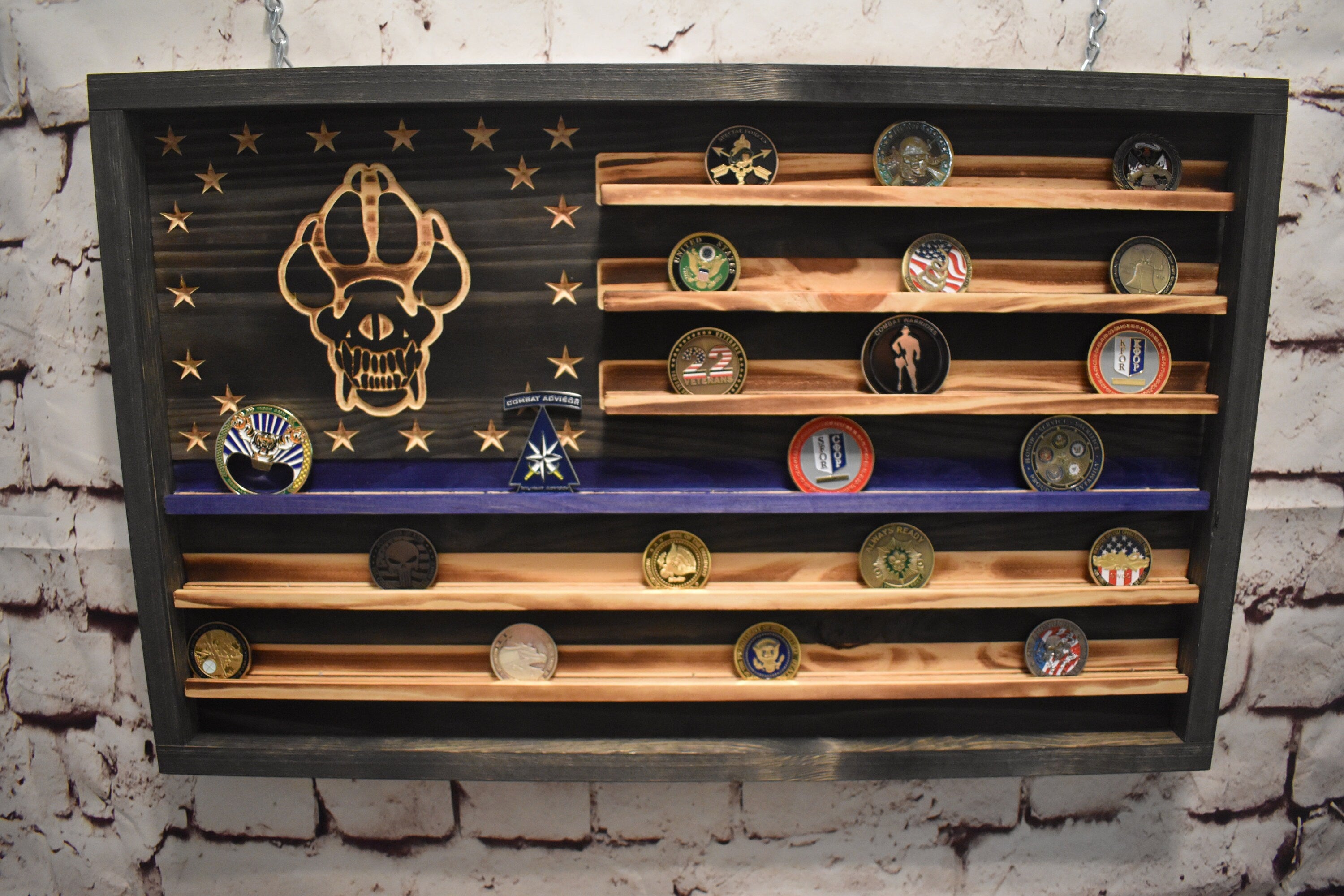 K9 Police Dog Blue Line Coin Display Rack Holder - Rustic Thin Blue Line Police American Flag Coin Display
