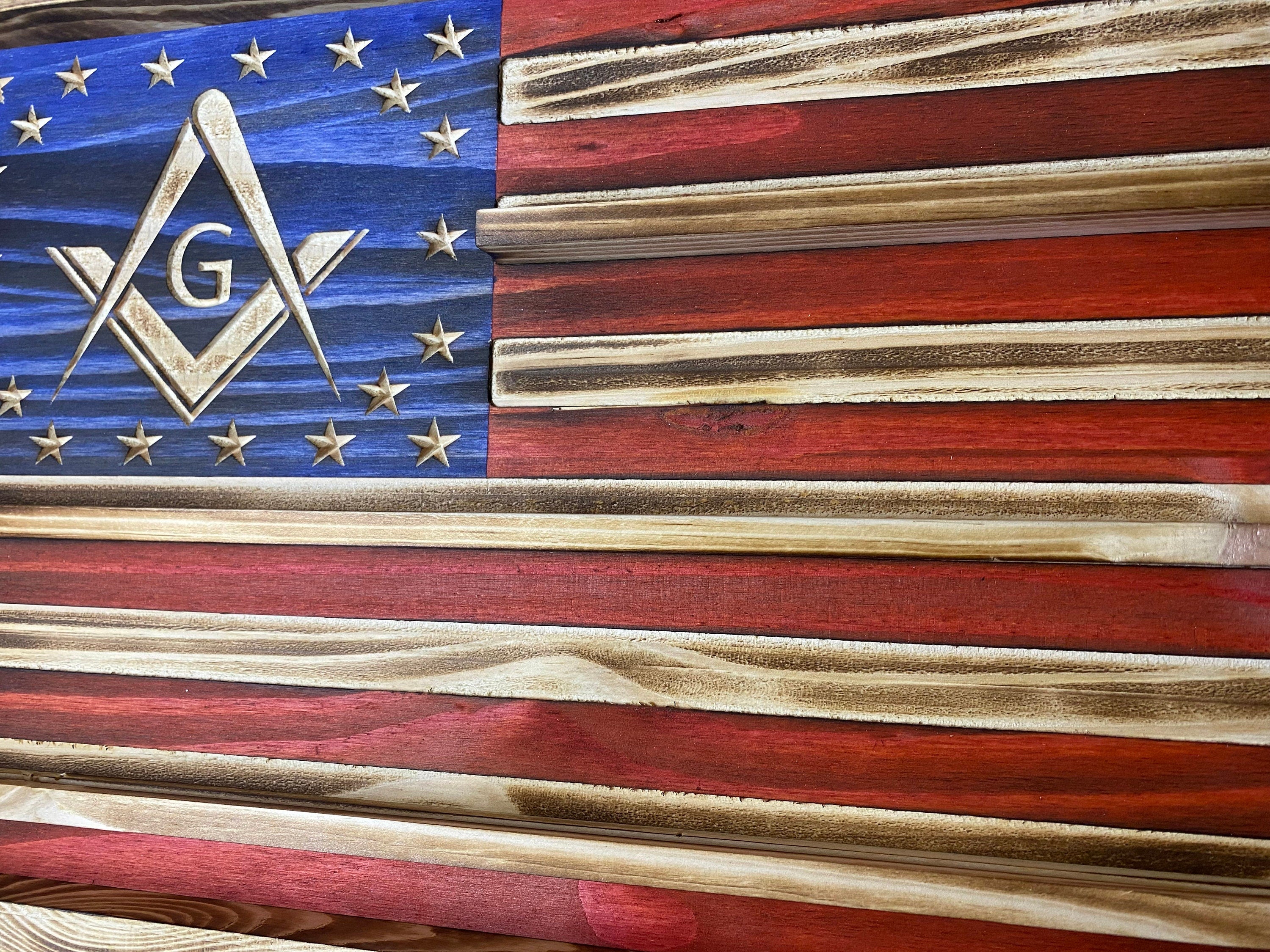 Free Mason Challenge Coin Display Rack Holder - Rustic Free Mason American Flag - Coin Display