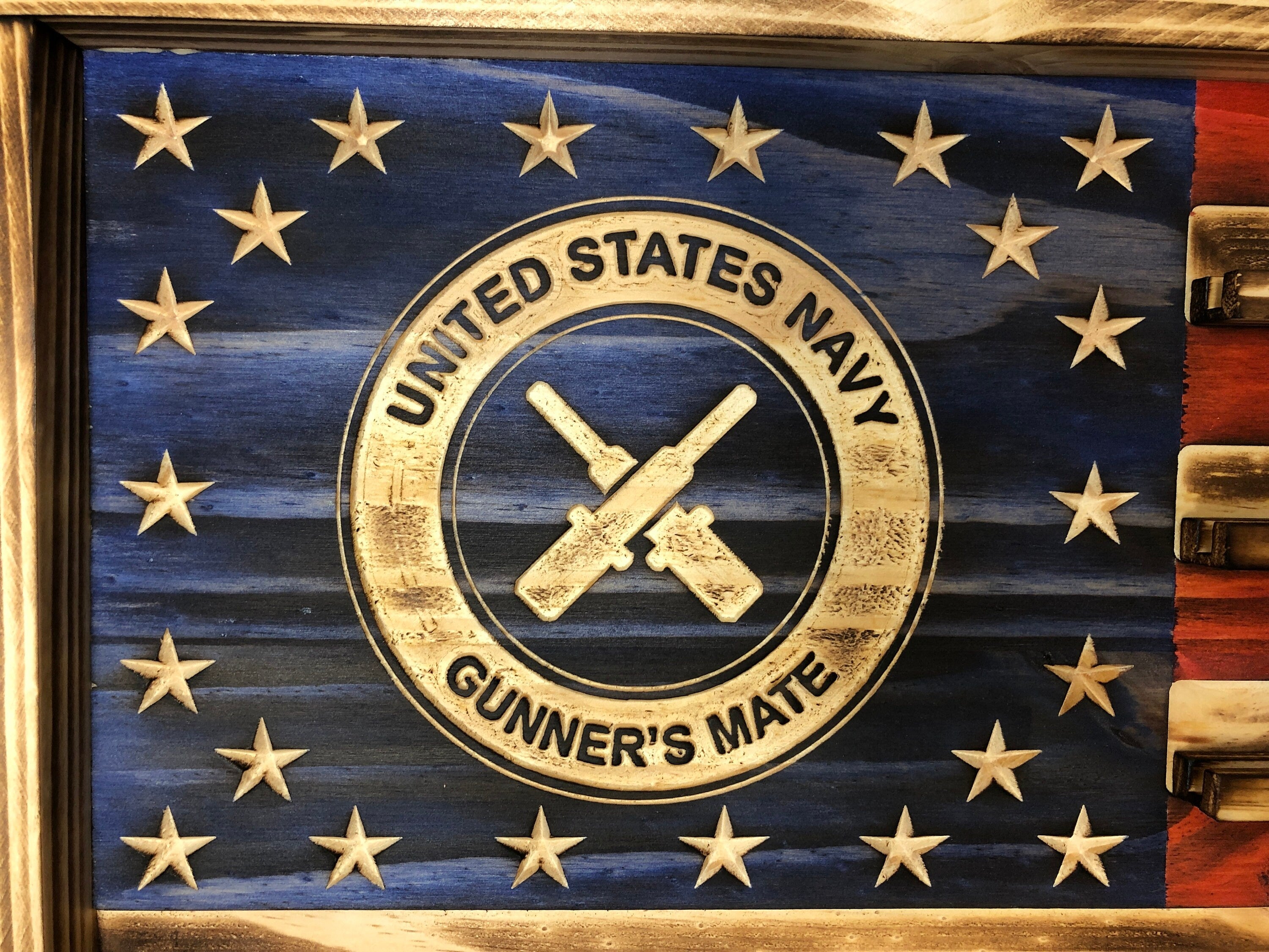 US Navy Gunner's Mate Challenge Coin Display Rack Holder - Rustic Navy Gunners Mate American Flag - US Military Coin Display