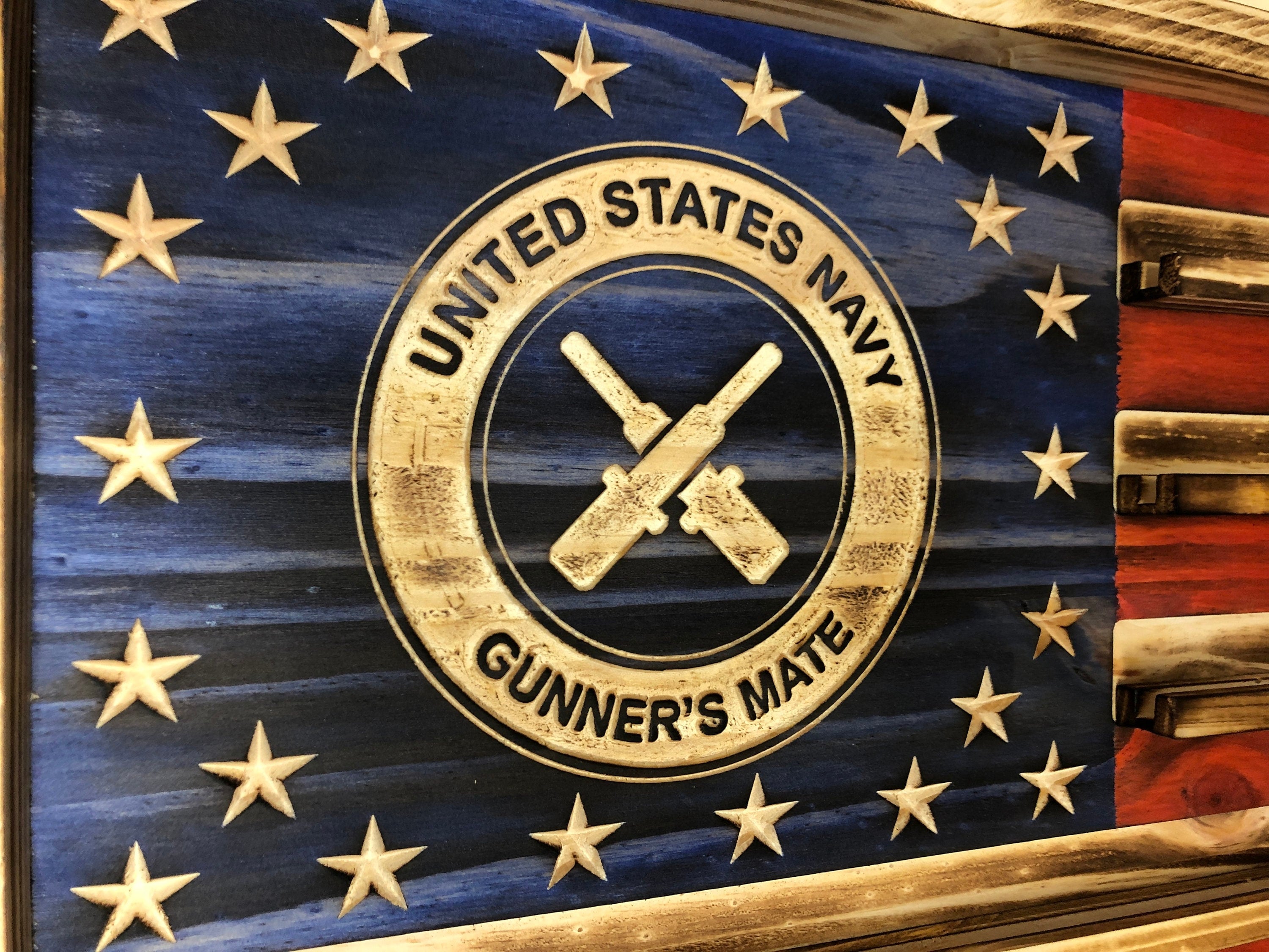US Navy Gunner's Mate Challenge Coin Display Rack Holder - Rustic Navy Gunners Mate American Flag - US Military Coin Display