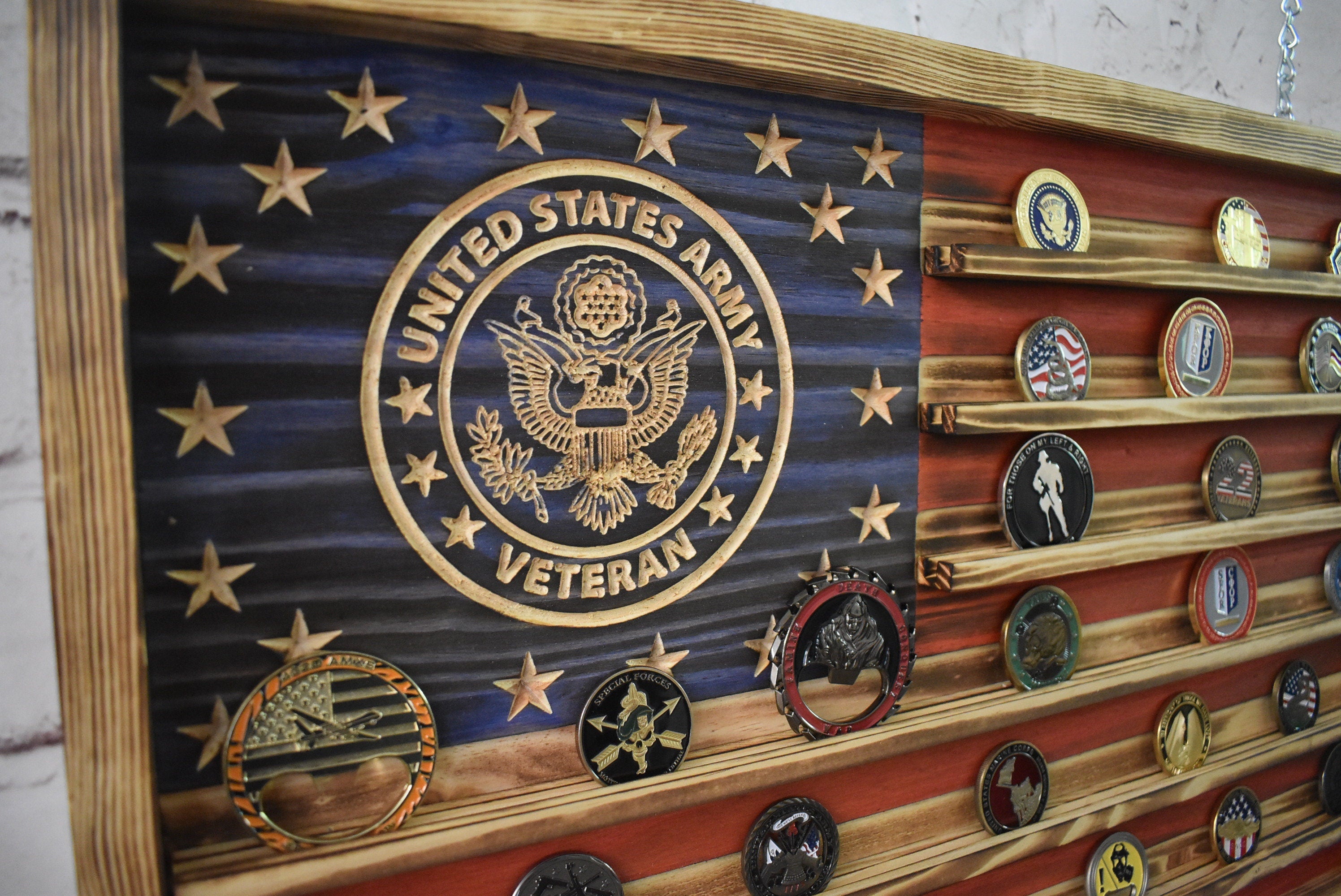 US Army Veteran Challenge Coin Display Rack Holder - Rustic American Flag - Army Veteran Coin Display