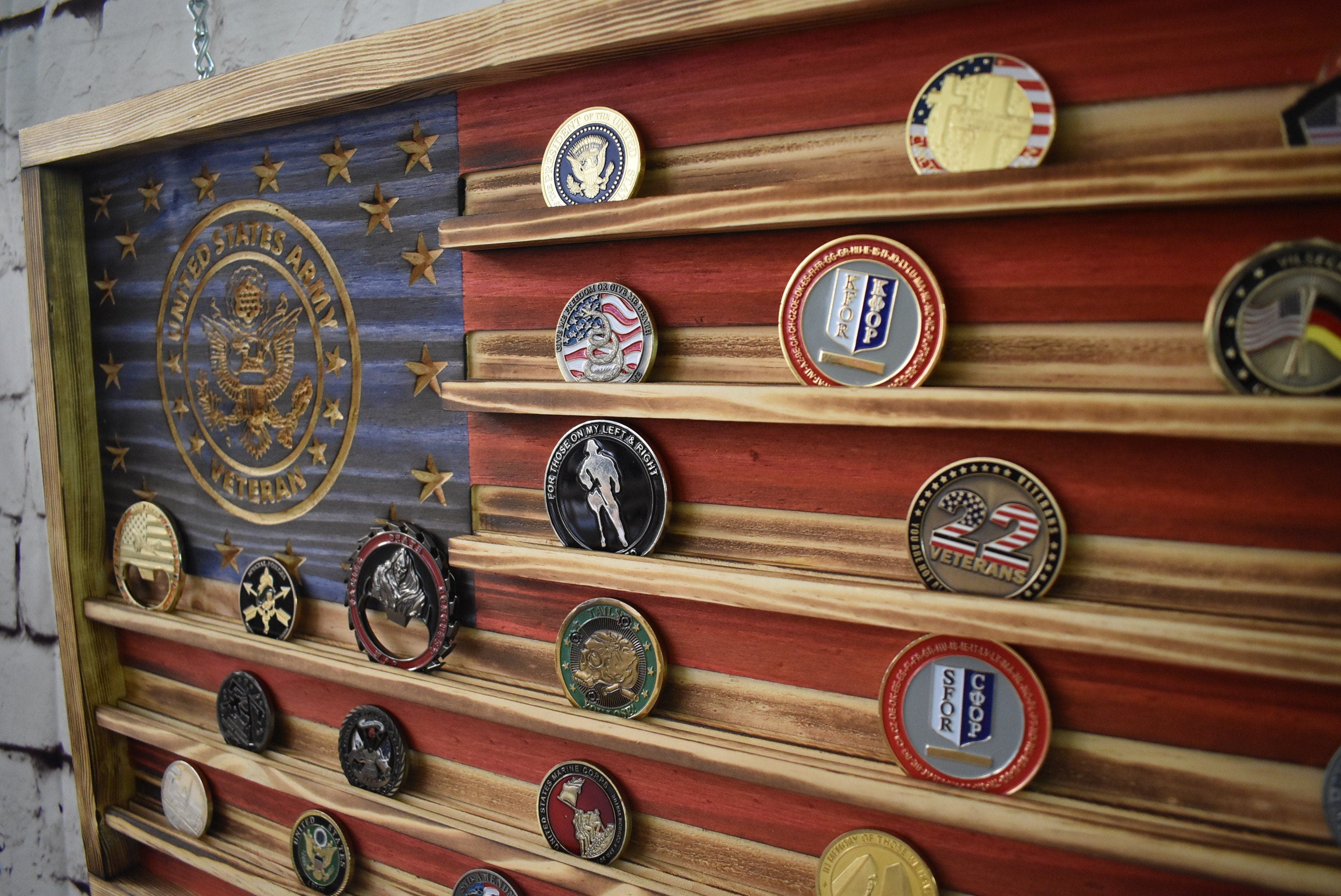 US Army Veteran Challenge Coin Display Rack Holder - Rustic American Flag - Army Veteran Coin Display