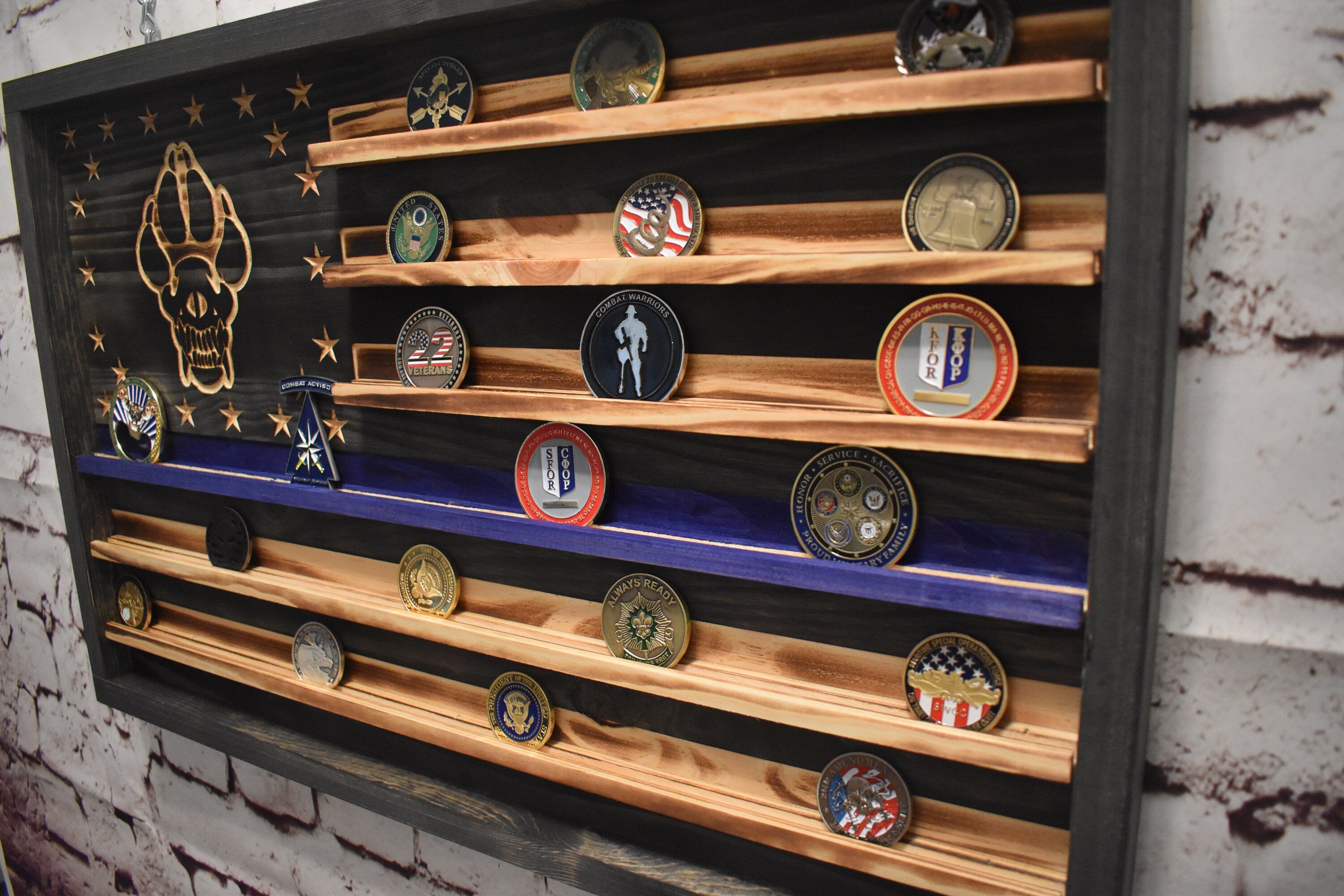 K9 Police Dog Blue Line Coin Display Rack Holder - Rustic Thin Blue Line Police American Flag Coin Display