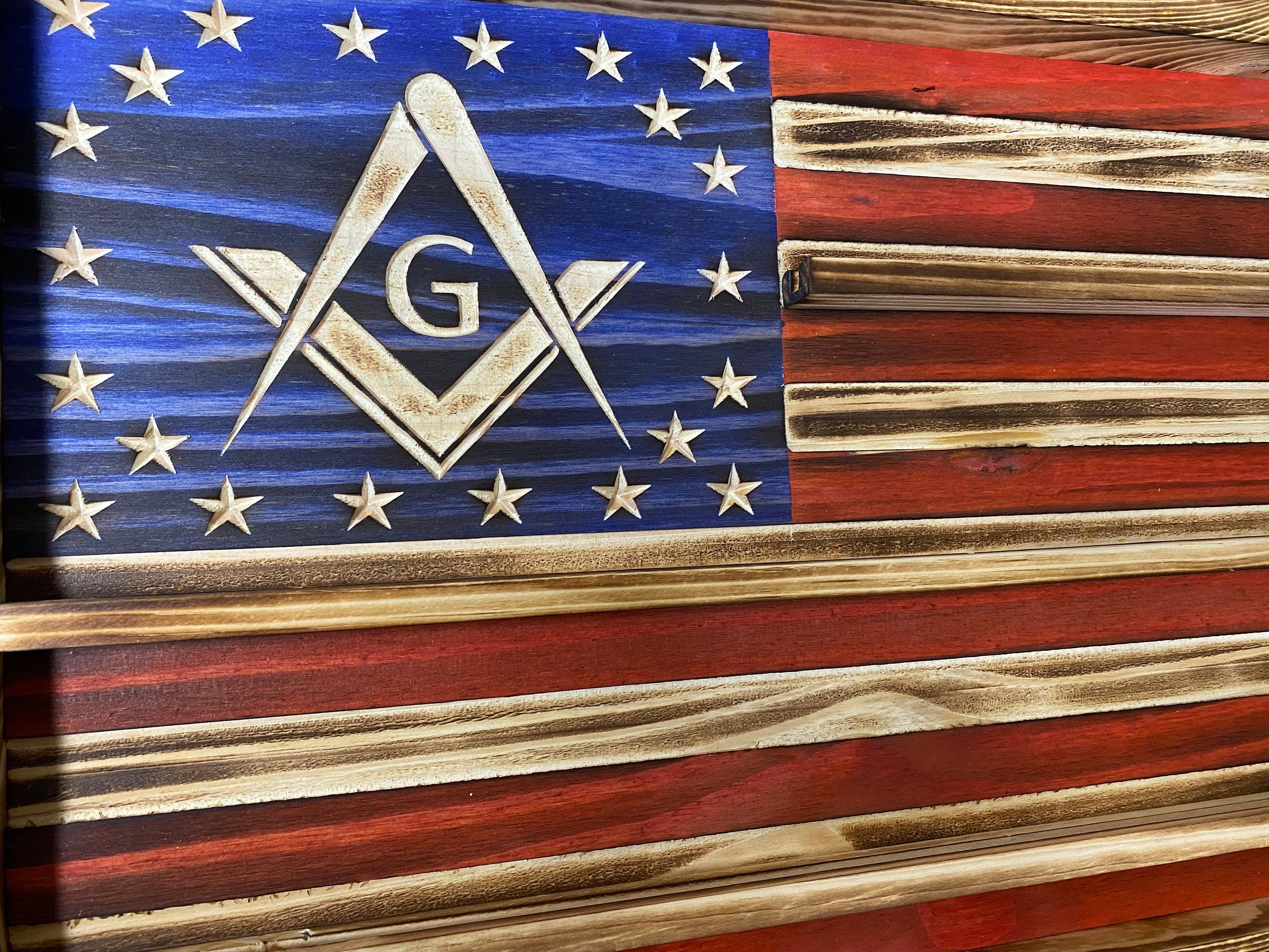 Free Mason Challenge Coin Display Rack Holder - Rustic Free Mason American Flag - Coin Display