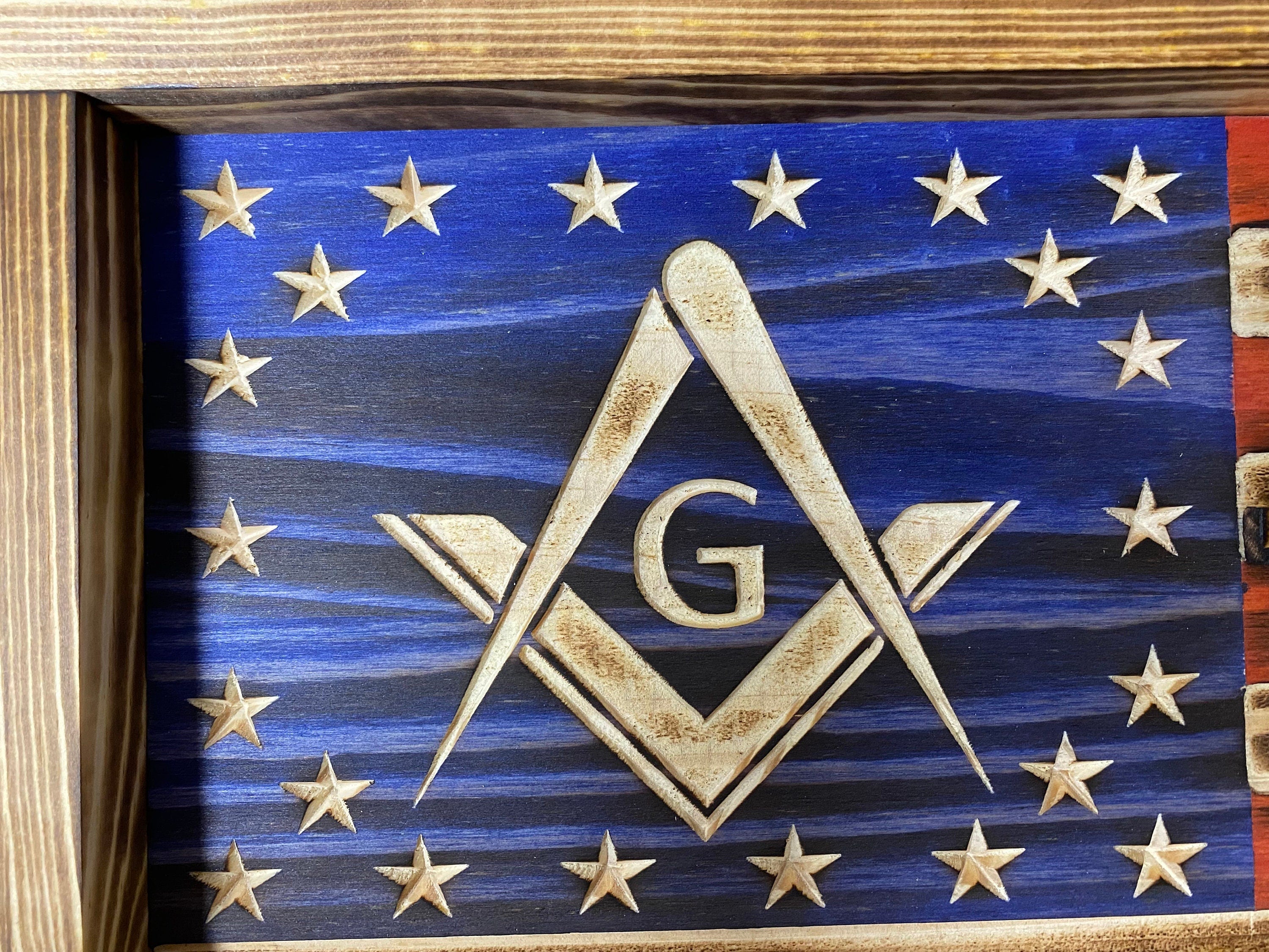 Free Mason Challenge Coin Display Rack Holder - Rustic Free Mason American Flag - Coin Display