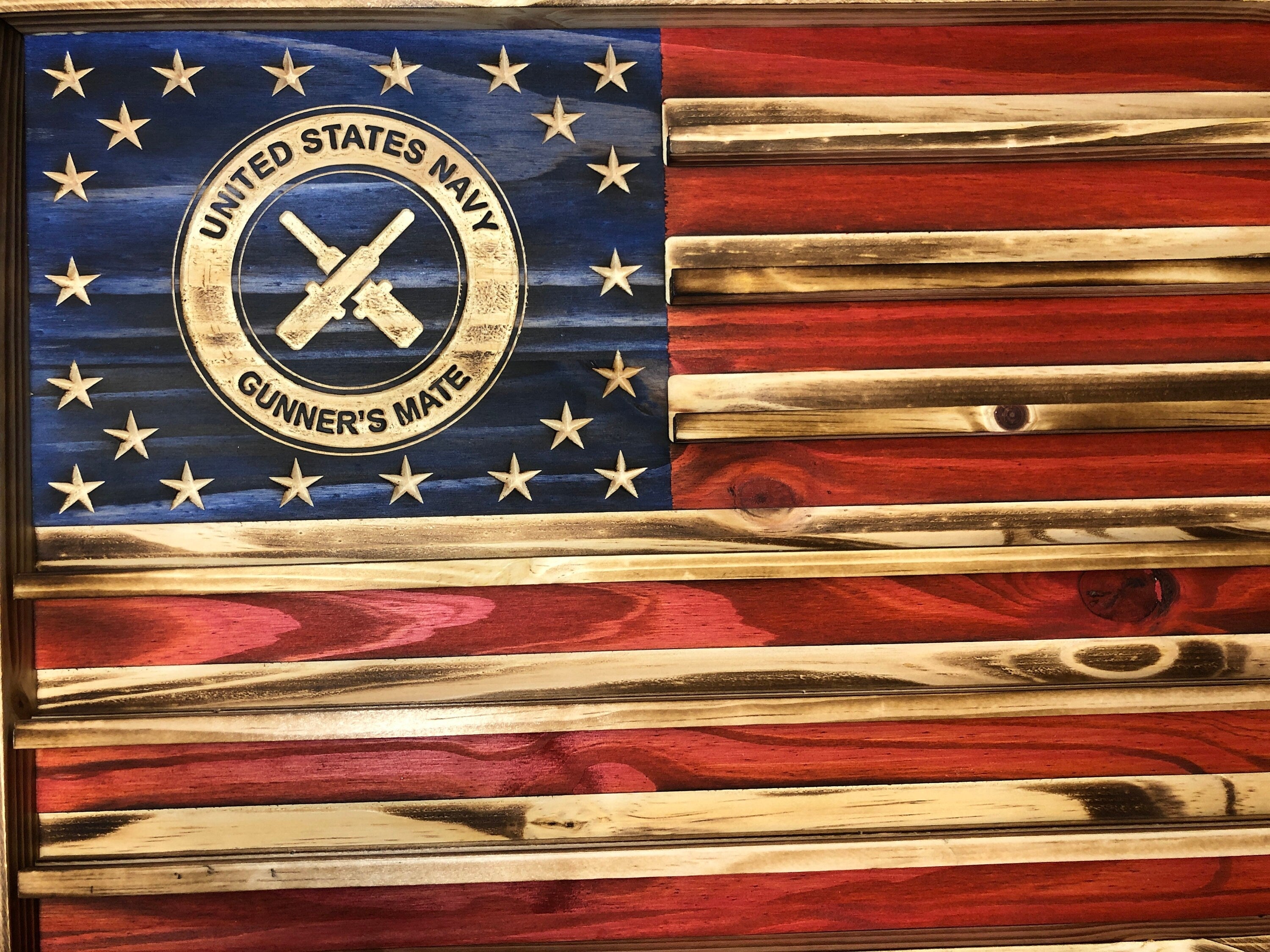US Navy Gunner's Mate Challenge Coin Display Rack Holder - Rustic Navy Gunners Mate American Flag - US Military Coin Display