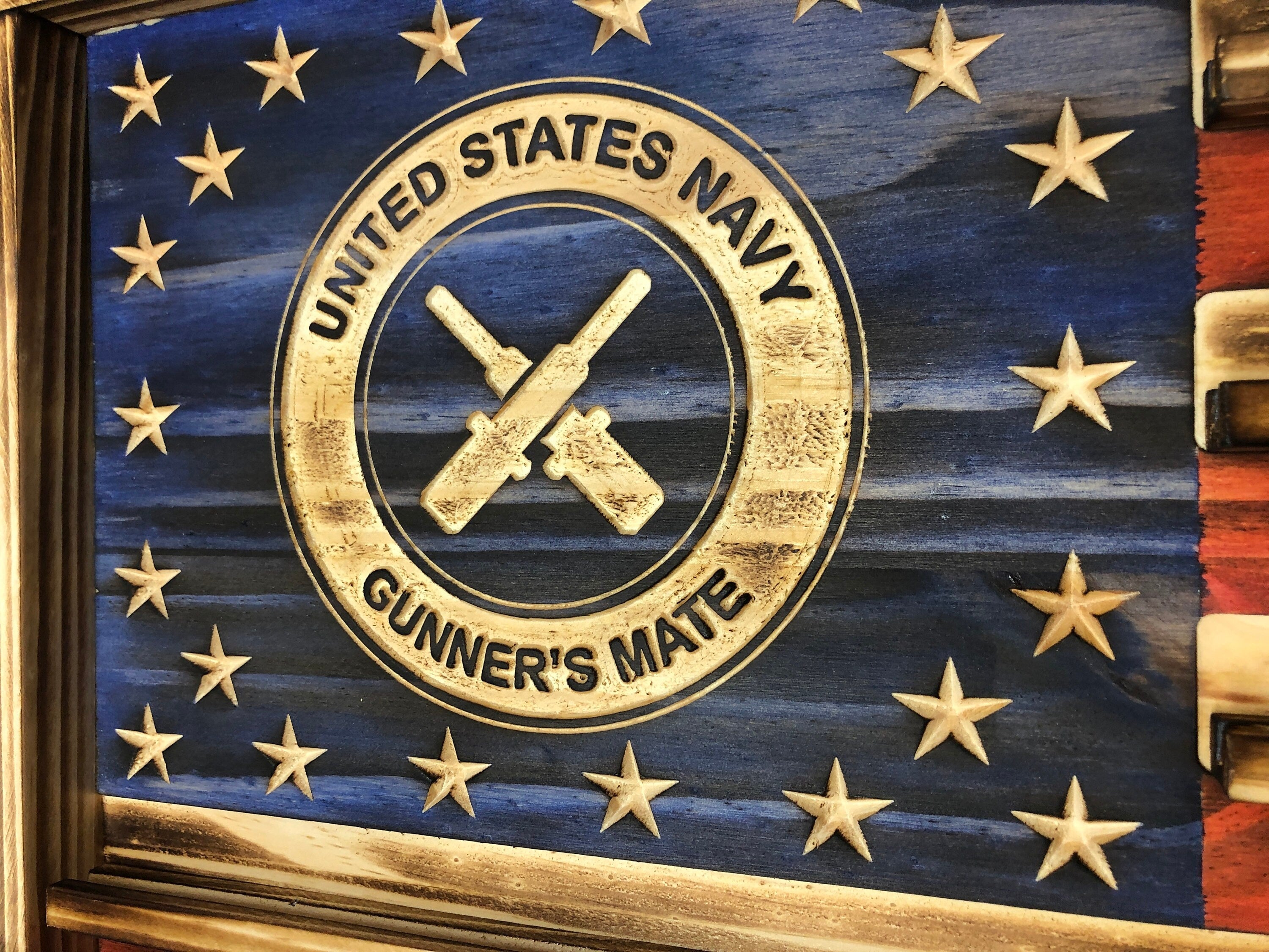 US Navy Gunner's Mate Challenge Coin Display Rack Holder - Rustic Navy Gunners Mate American Flag - US Military Coin Display