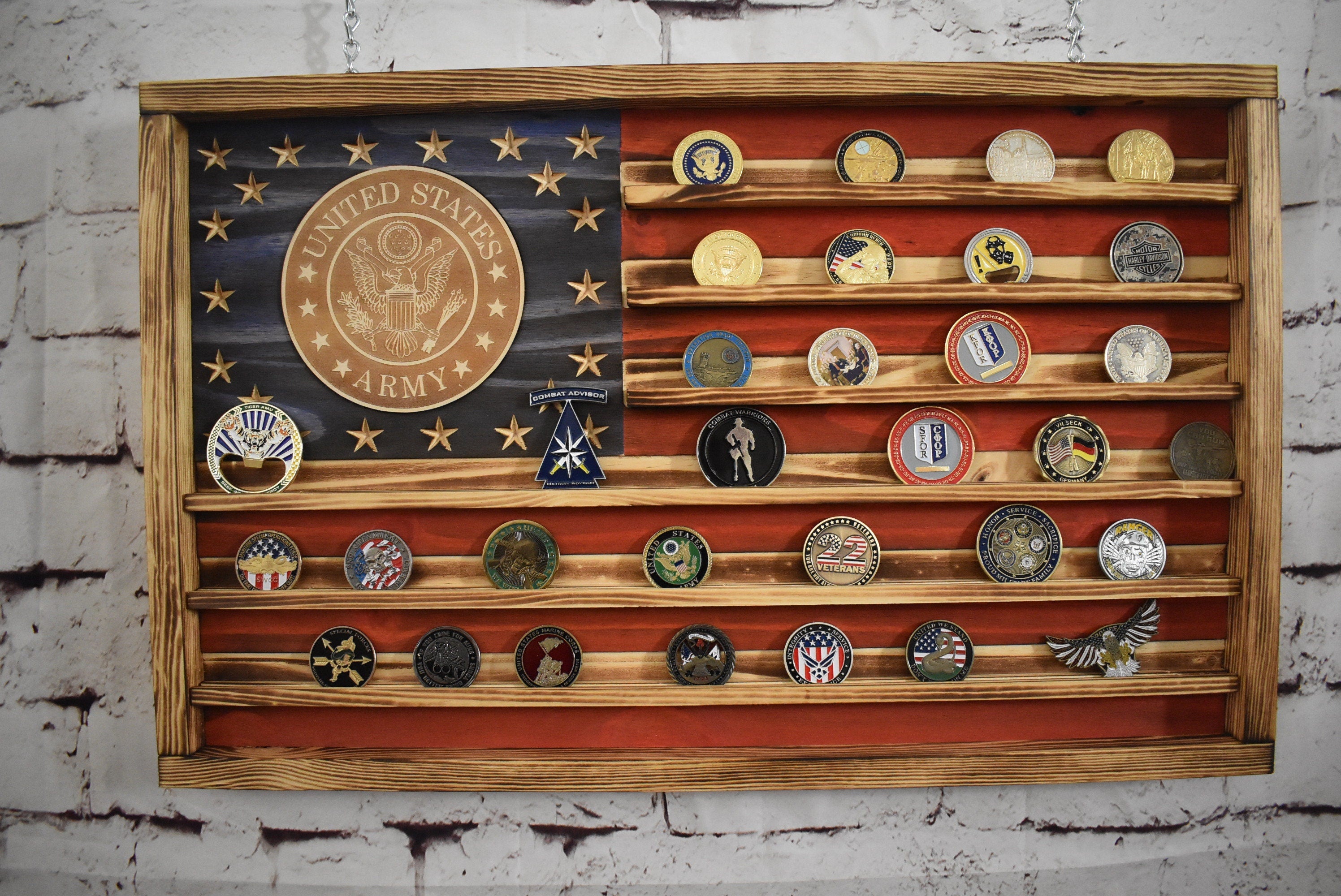 US Army Challenge Coin Display Rack Holder - Rustic Army American Flag - Military Coin Display - Laser engraved emblem