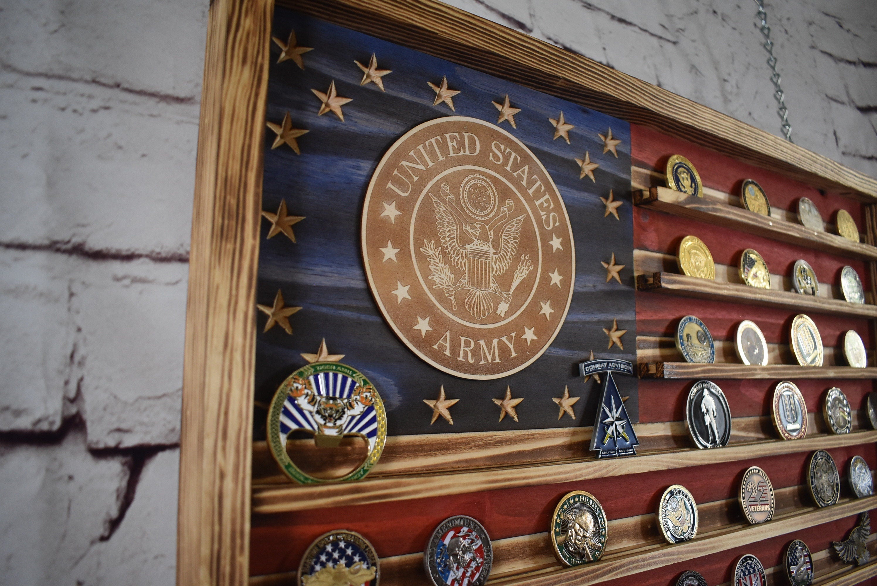 US Army Challenge Coin Display Rack Holder - Rustic Army American Flag - Military Coin Display - Laser engraved emblem