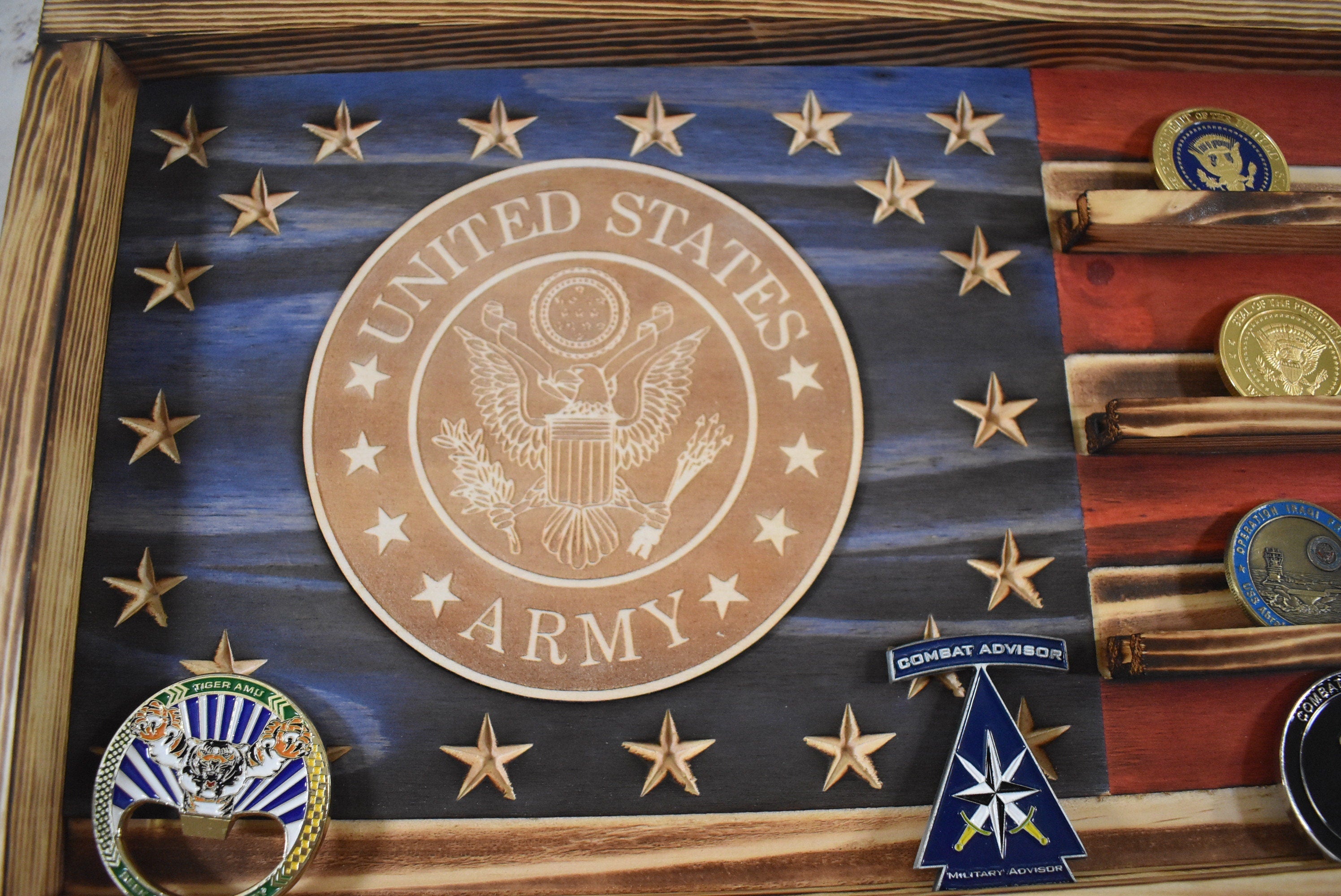 US Army Challenge Coin Display Rack Holder - Rustic Army American Flag - Military Coin Display - Laser engraved emblem
