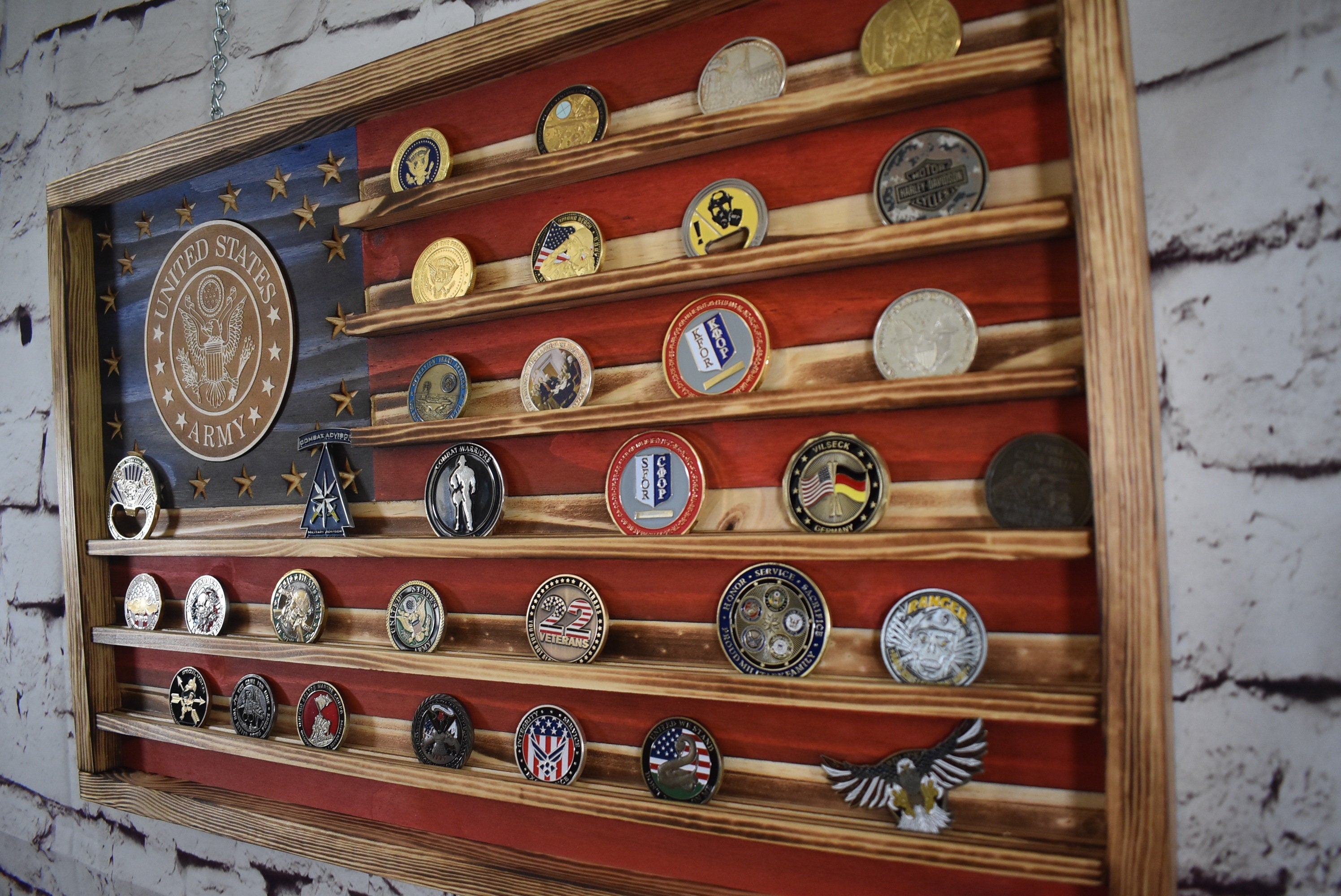 US Army Challenge Coin Display Rack Holder - Rustic Army American Flag - Military Coin Display - Laser engraved emblem