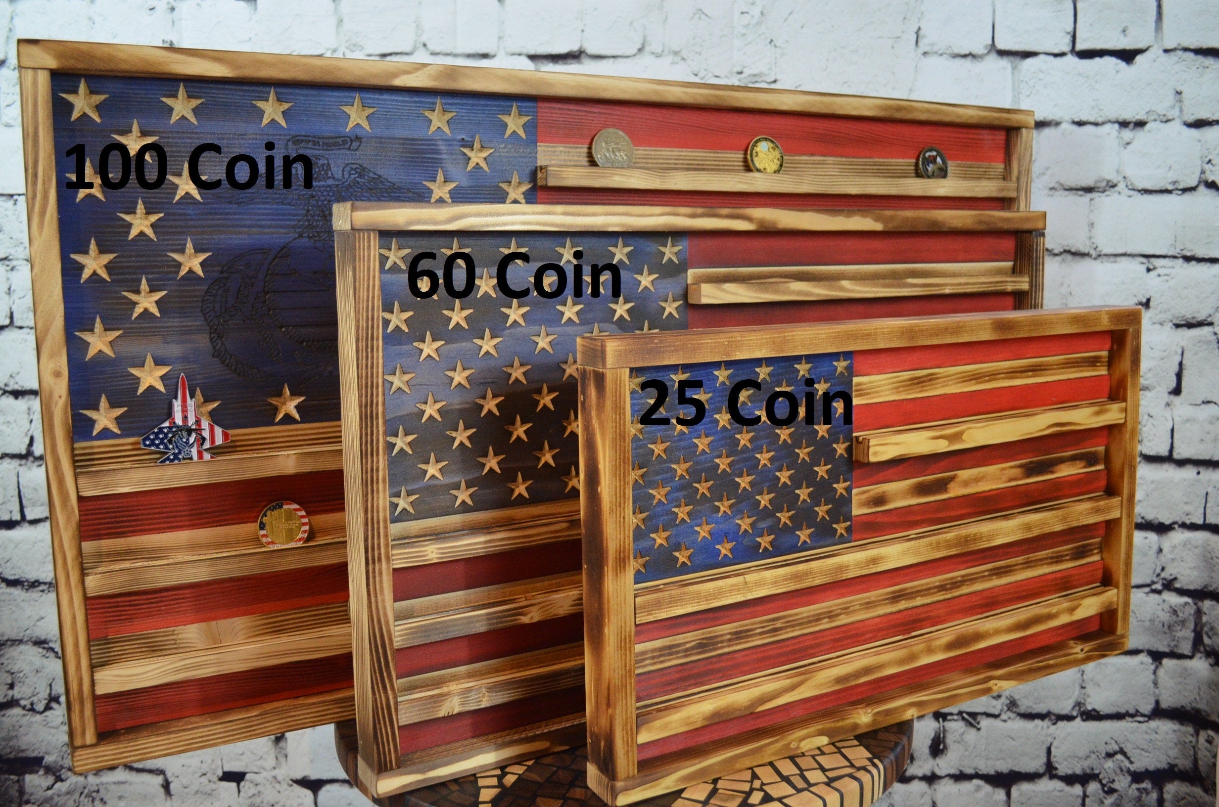 US Army Challenge Coin Display Rack Holder - Rustic Army American Flag - Military Coin Display - Laser engraved emblem