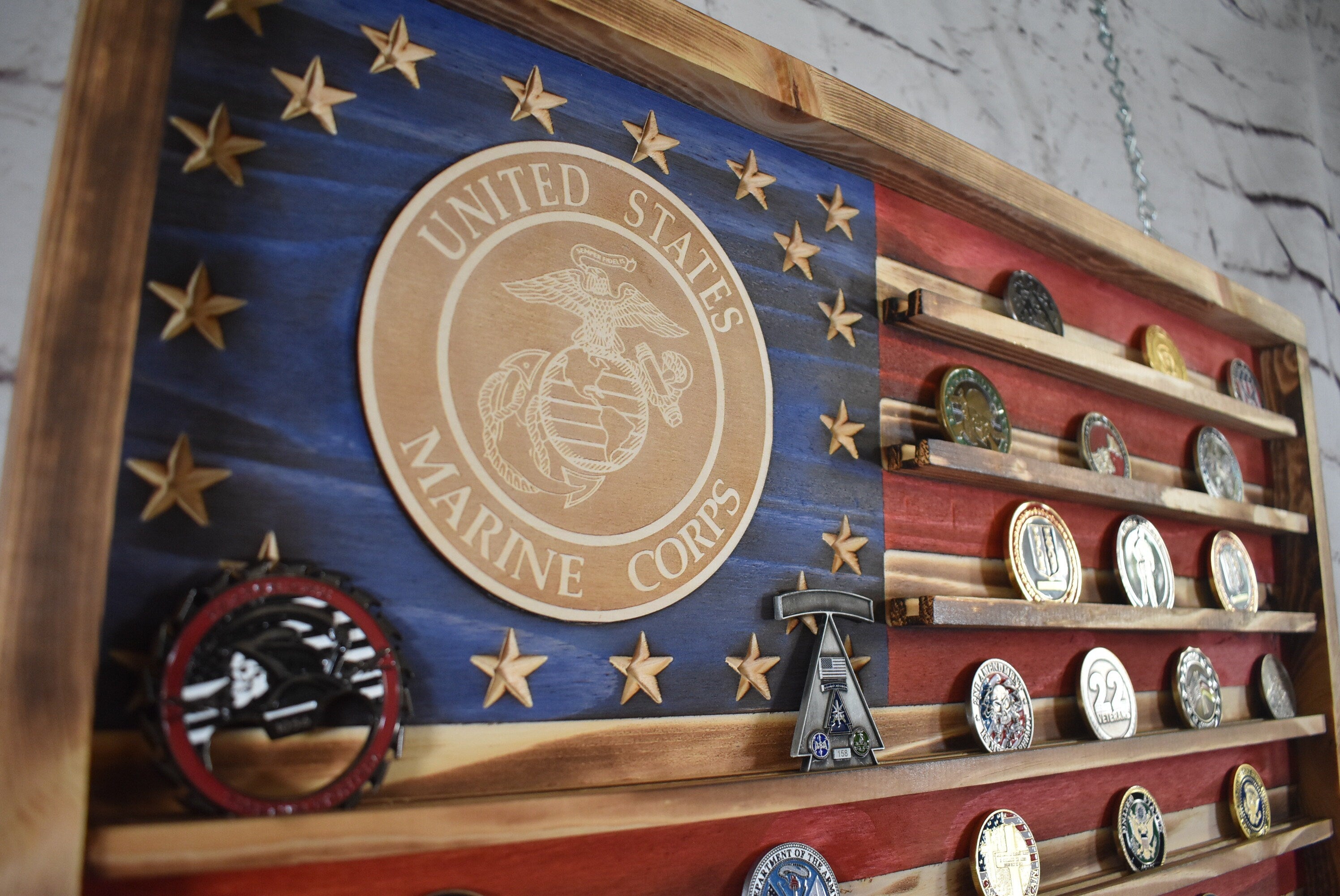 Marines Challenge Coin Display Rack Holder - Rustic Marines American Flag - Military Coin Display - Semper Fi