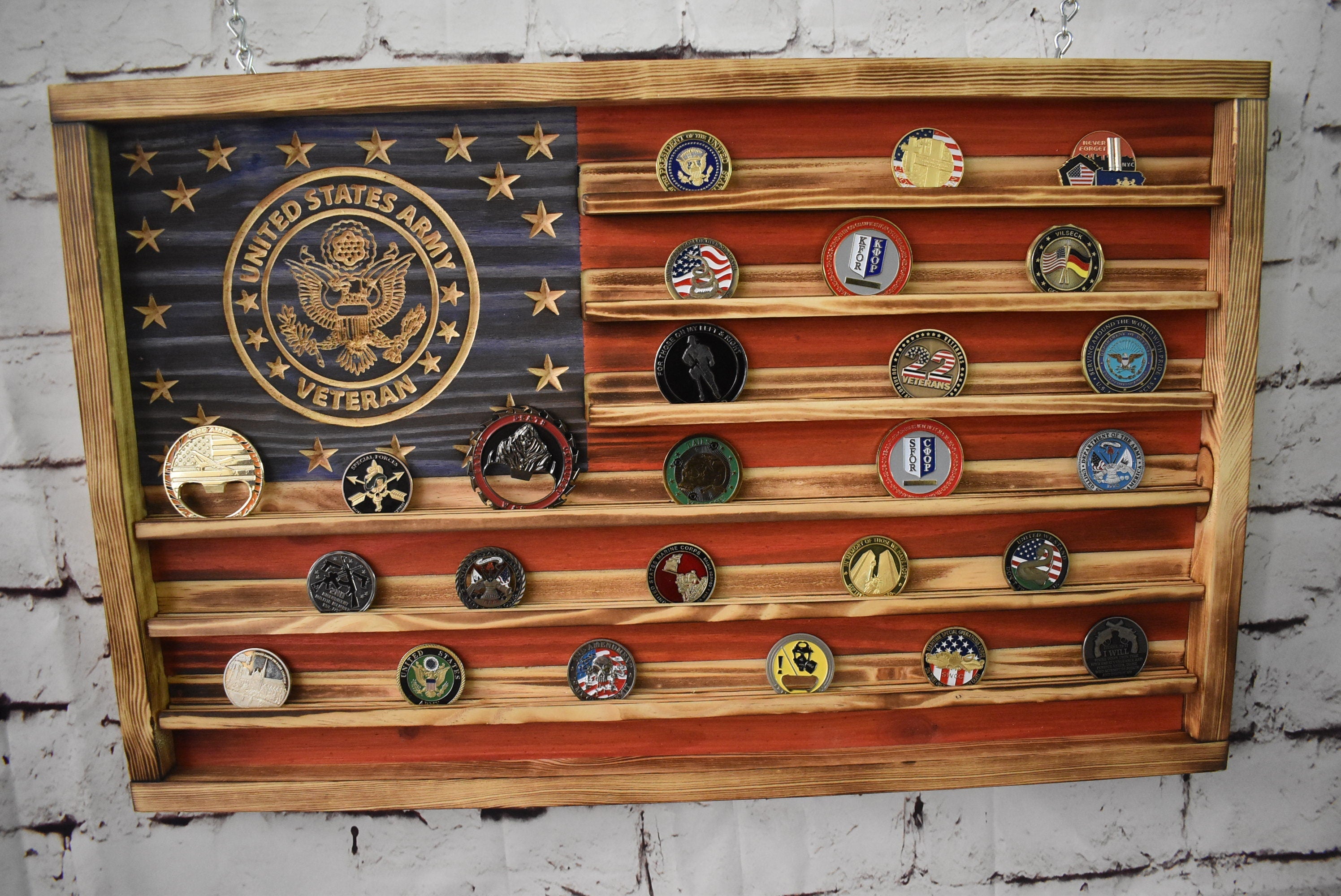 US Army Veteran Challenge Coin Display Rack Holder - Rustic American Flag - Army Veteran Coin Display