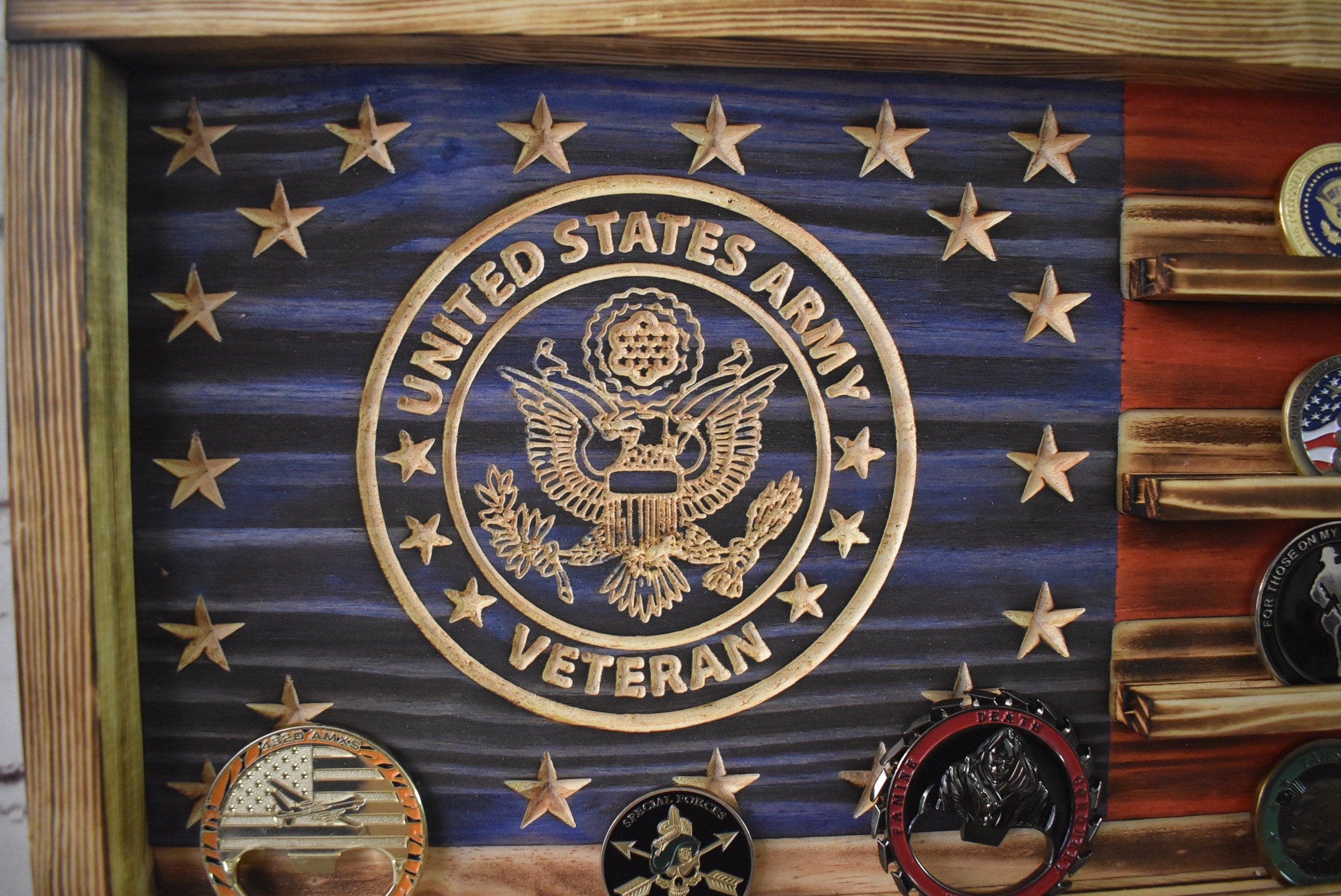 US Army Veteran Challenge Coin Display Rack Holder - Rustic American Flag - Army Veteran Coin Display
