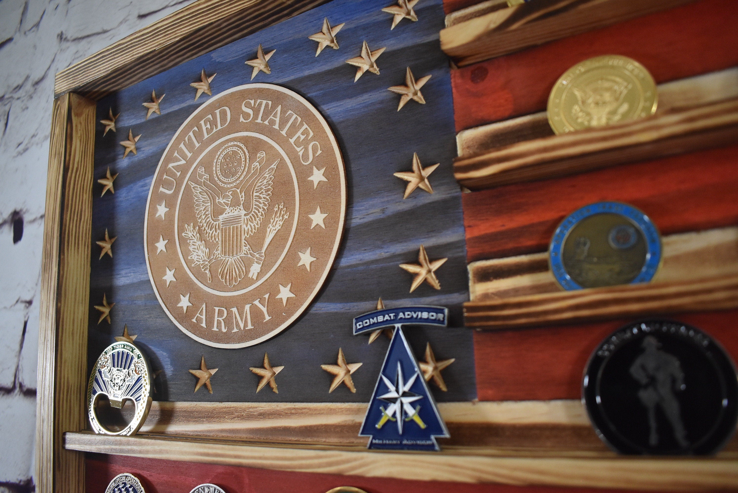 US Army Challenge Coin Display Rack Holder - Rustic Army American Flag - Military Coin Display - Laser engraved emblem