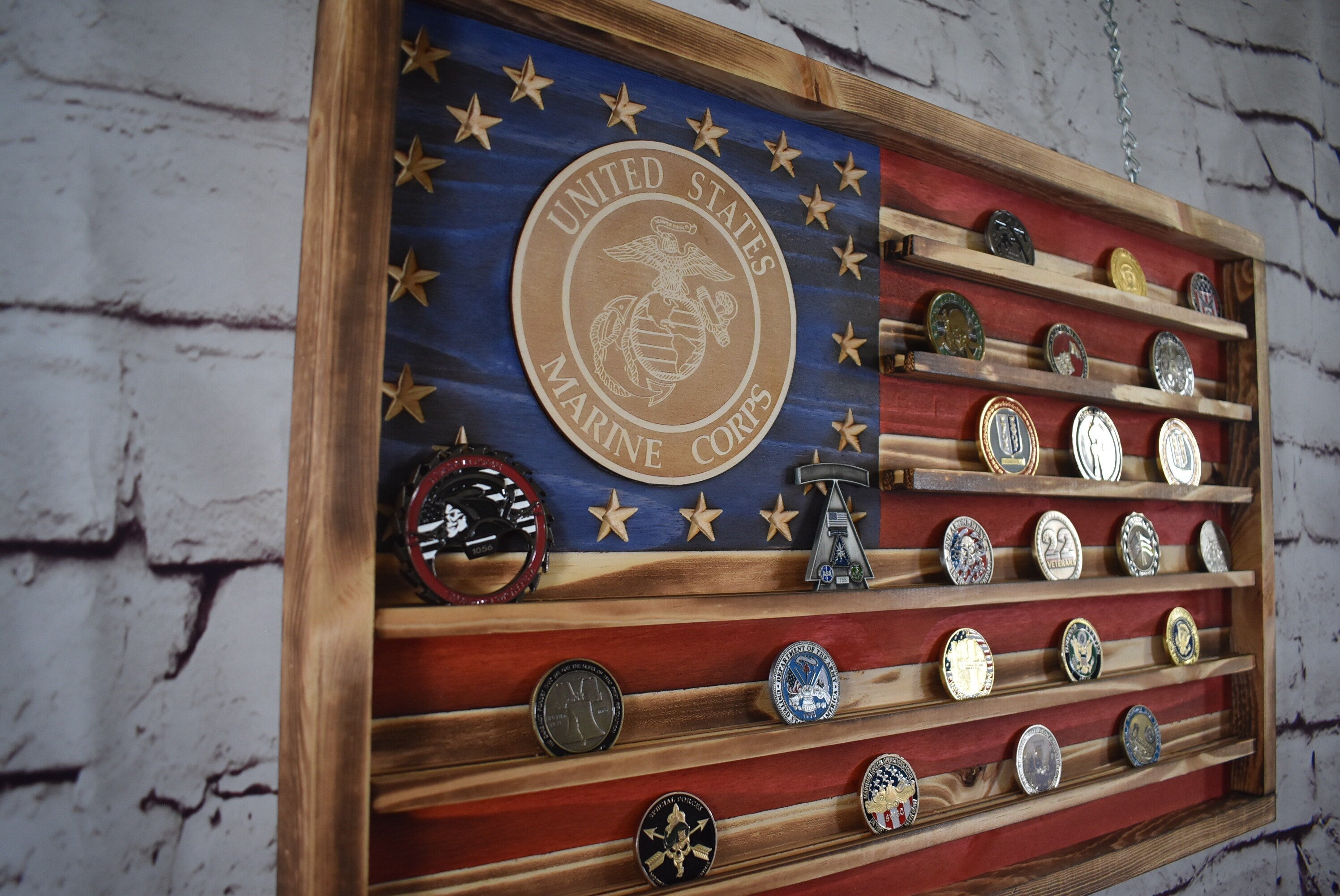 Marines Challenge Coin Display Rack Holder - Rustic Marines American Flag - Military Coin Display - Semper Fi