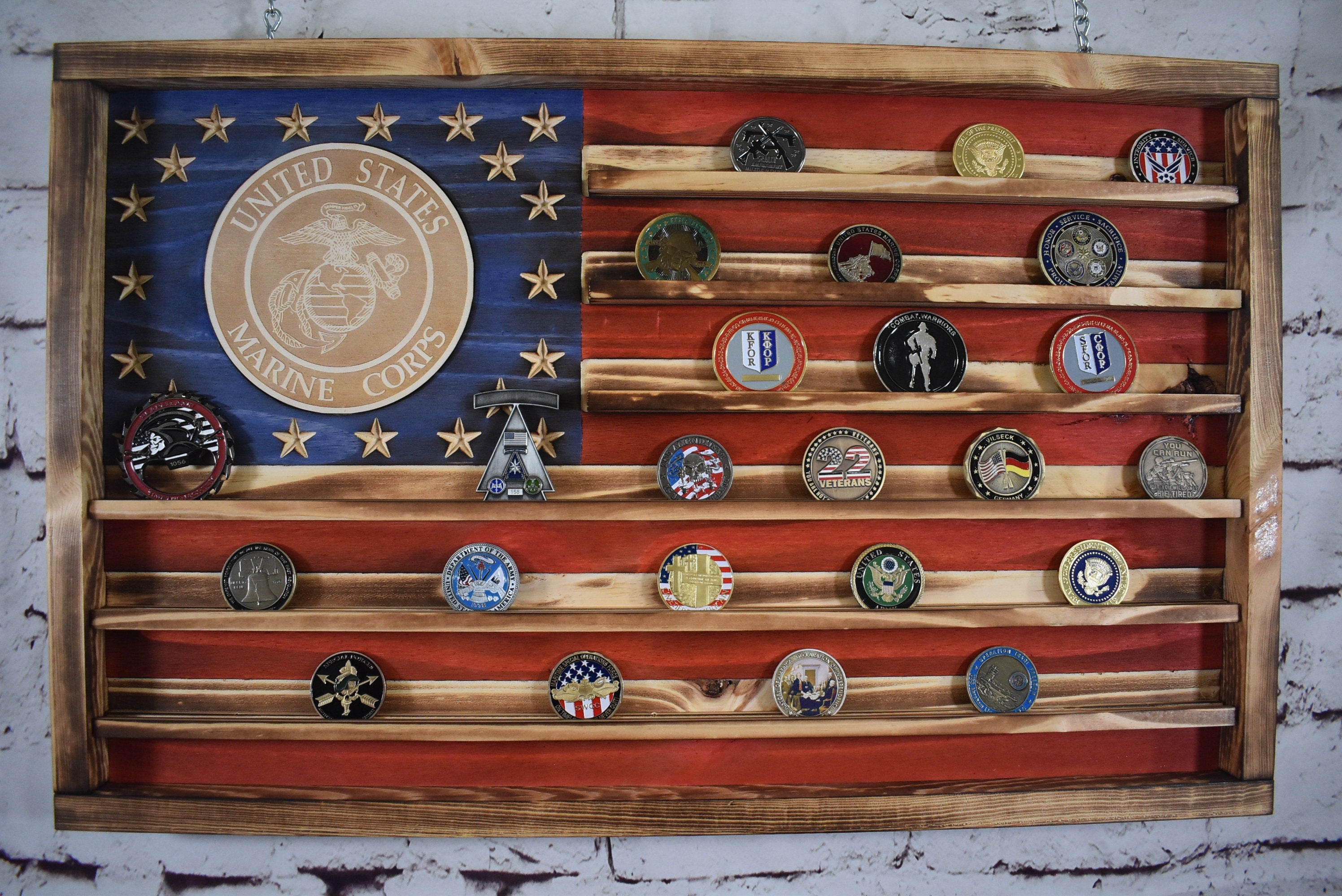 Marines Challenge Coin Display Rack Holder - Rustic Marines American Flag - Military Coin Display - Semper Fi
