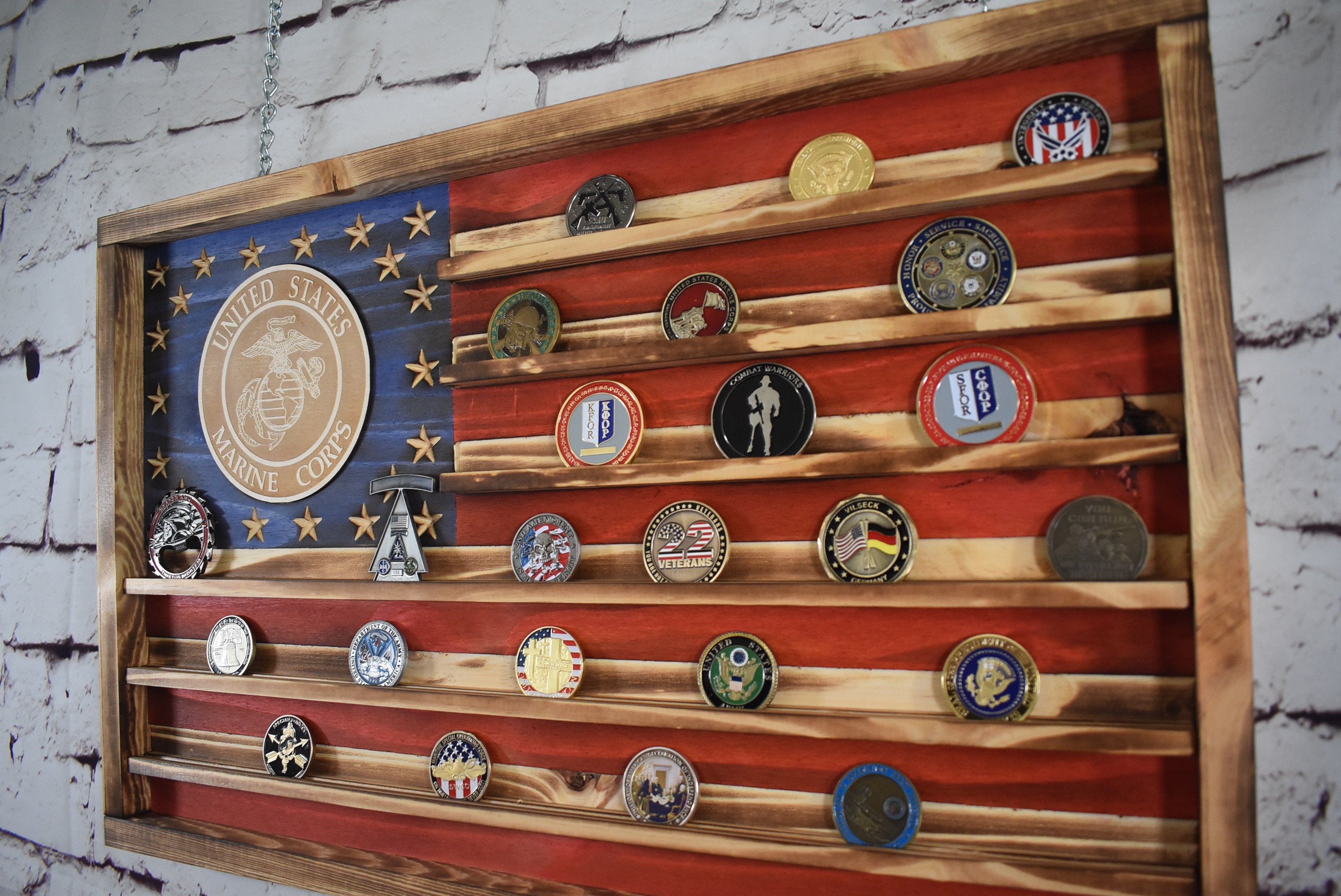 Marines Challenge Coin Display Rack Holder - Rustic Marines American Flag - Military Coin Display - Semper Fi