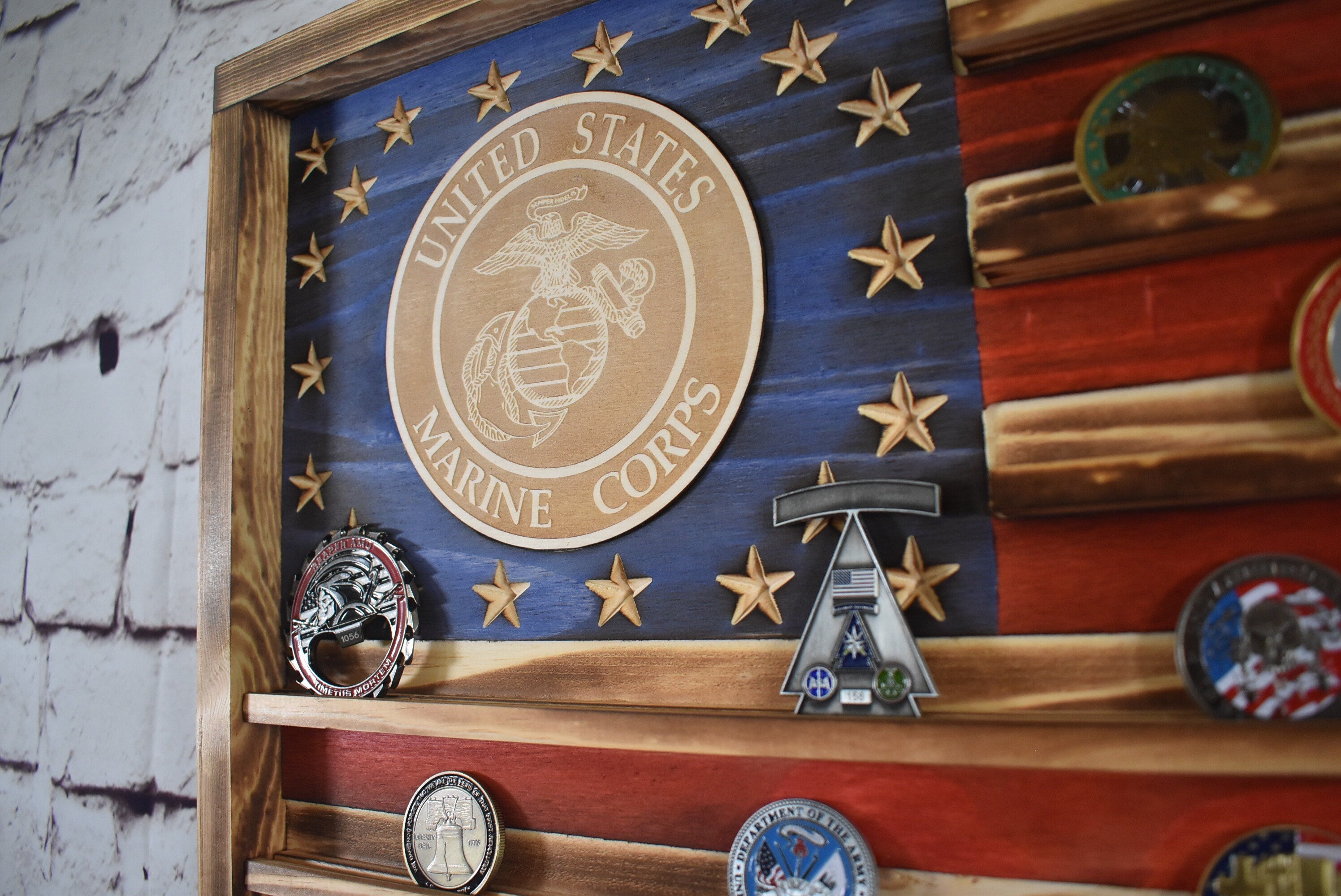 Marines Challenge Coin Display Rack Holder - Rustic Marines American Flag - Military Coin Display - Semper Fi