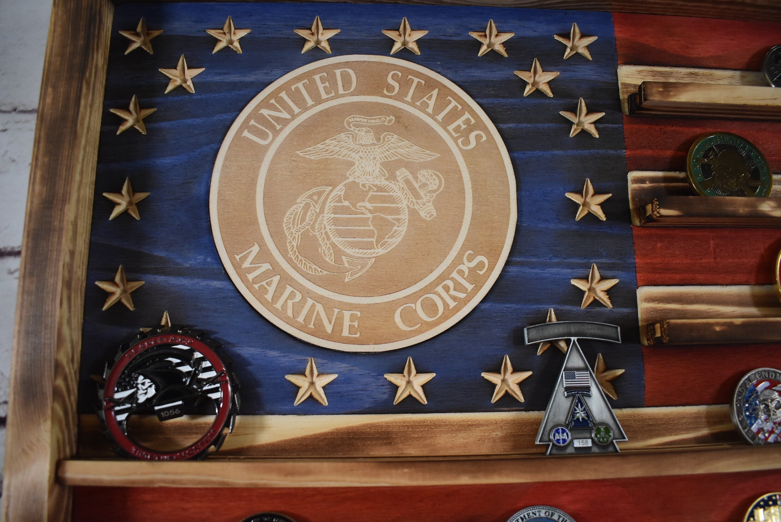 Marines Challenge Coin Display Rack Holder - Rustic Marines American Flag - Military Coin Display - Semper Fi