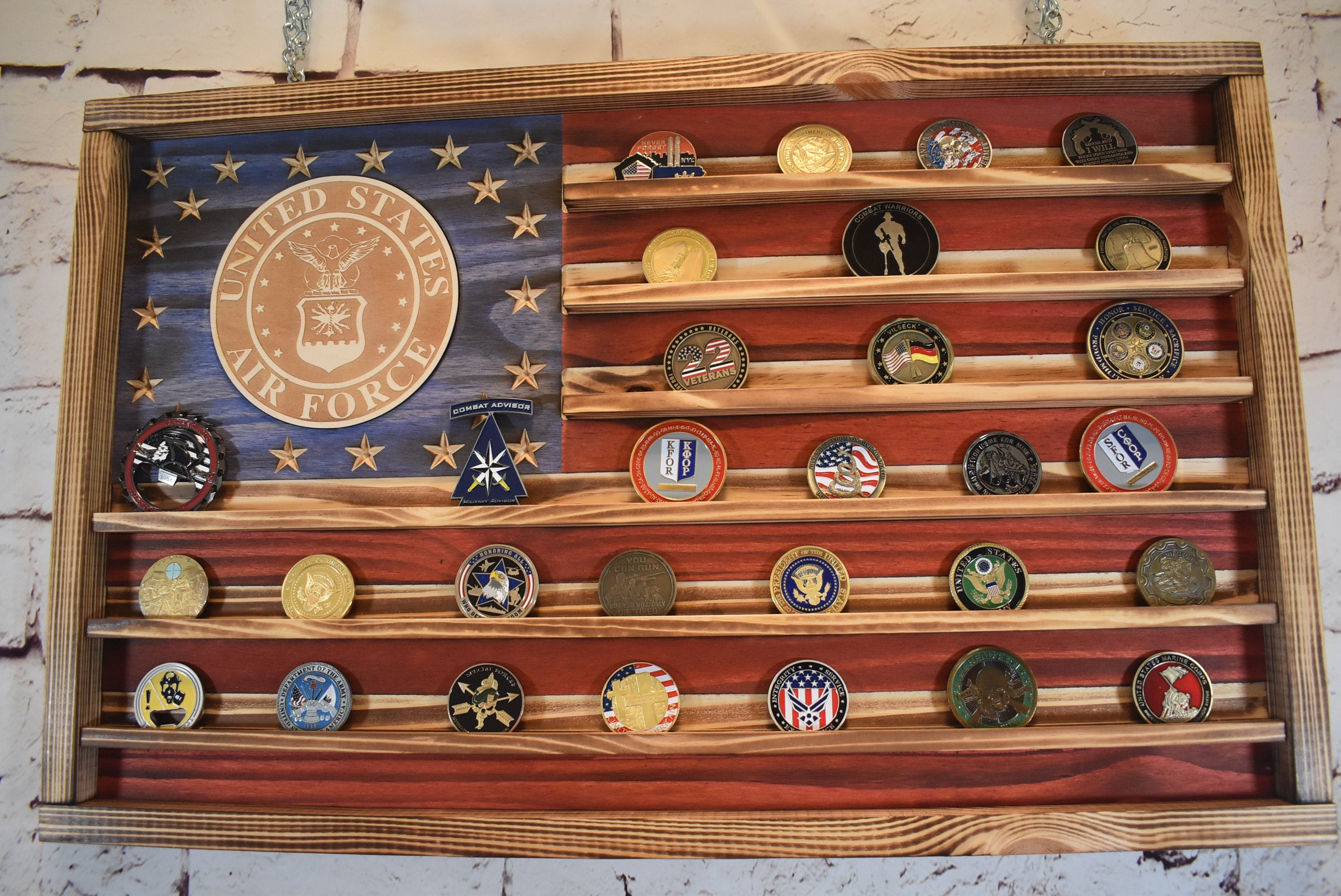 US Air Force Challenge Coin Display Rack Holder - Rustic Air Force American Flag - Military Coin Display