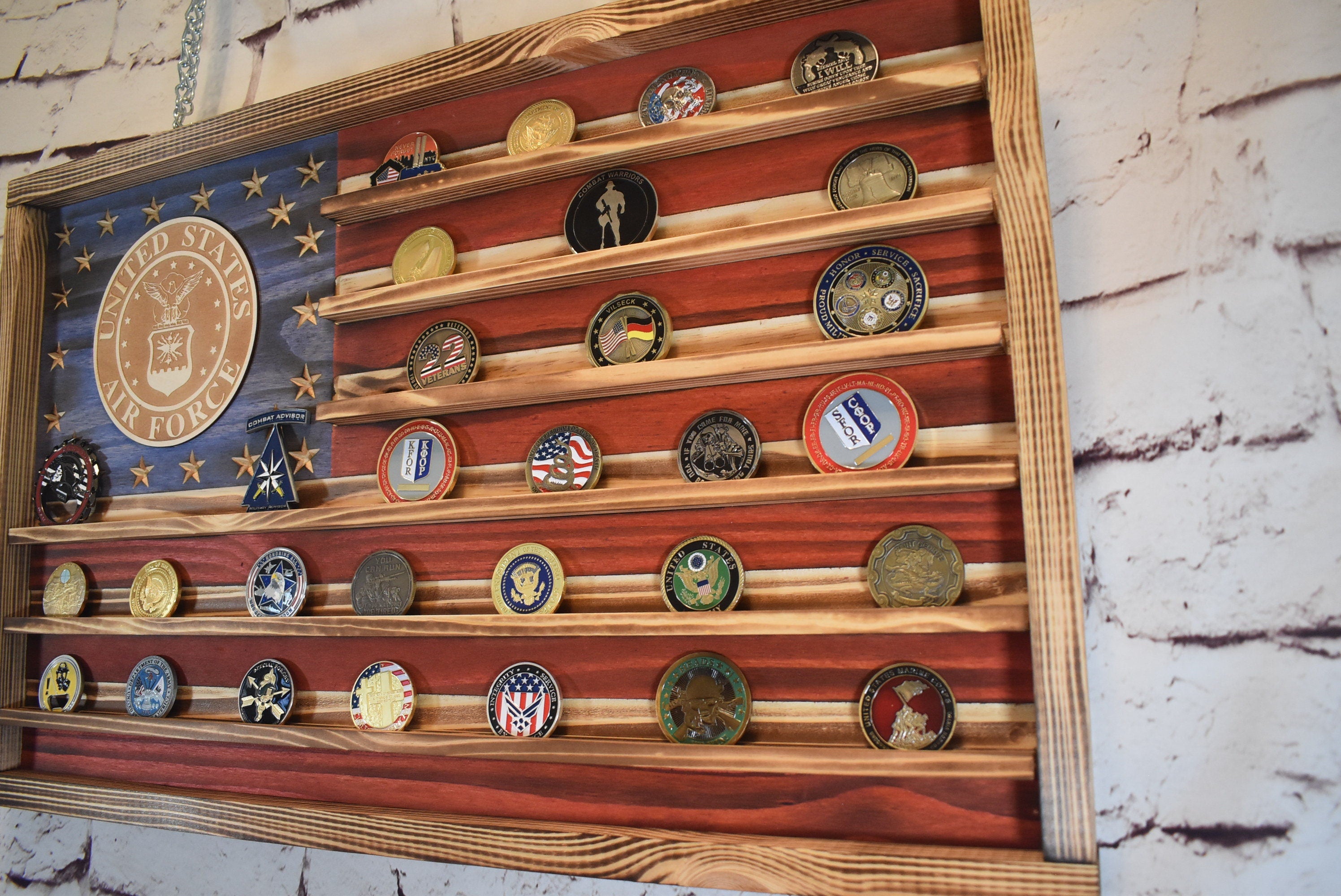 US Air Force Challenge Coin Display Rack Holder - Rustic Air Force American Flag - Military Coin Display