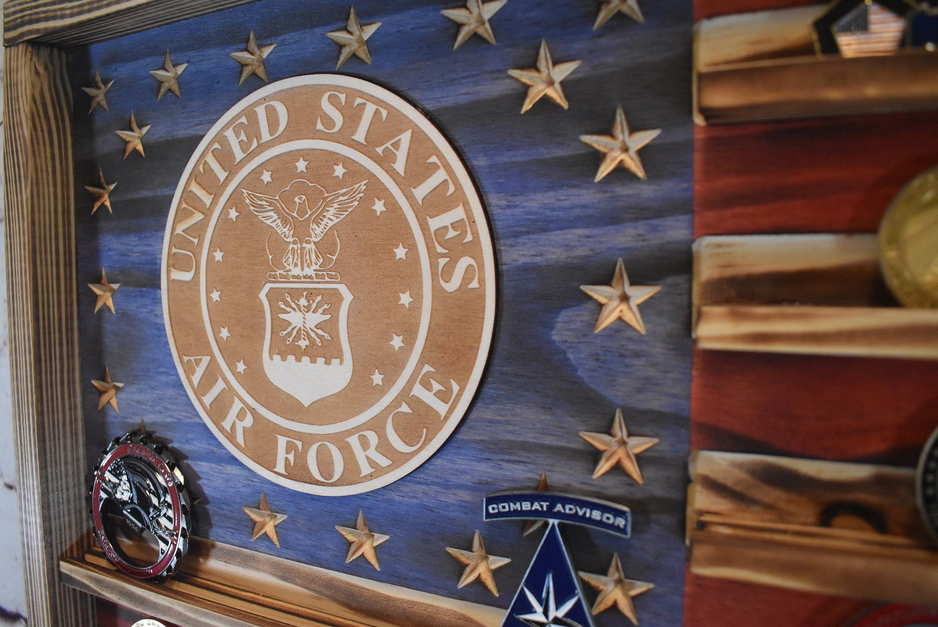 US Air Force Challenge Coin Display Rack Holder - Rustic Air Force American Flag - Military Coin Display