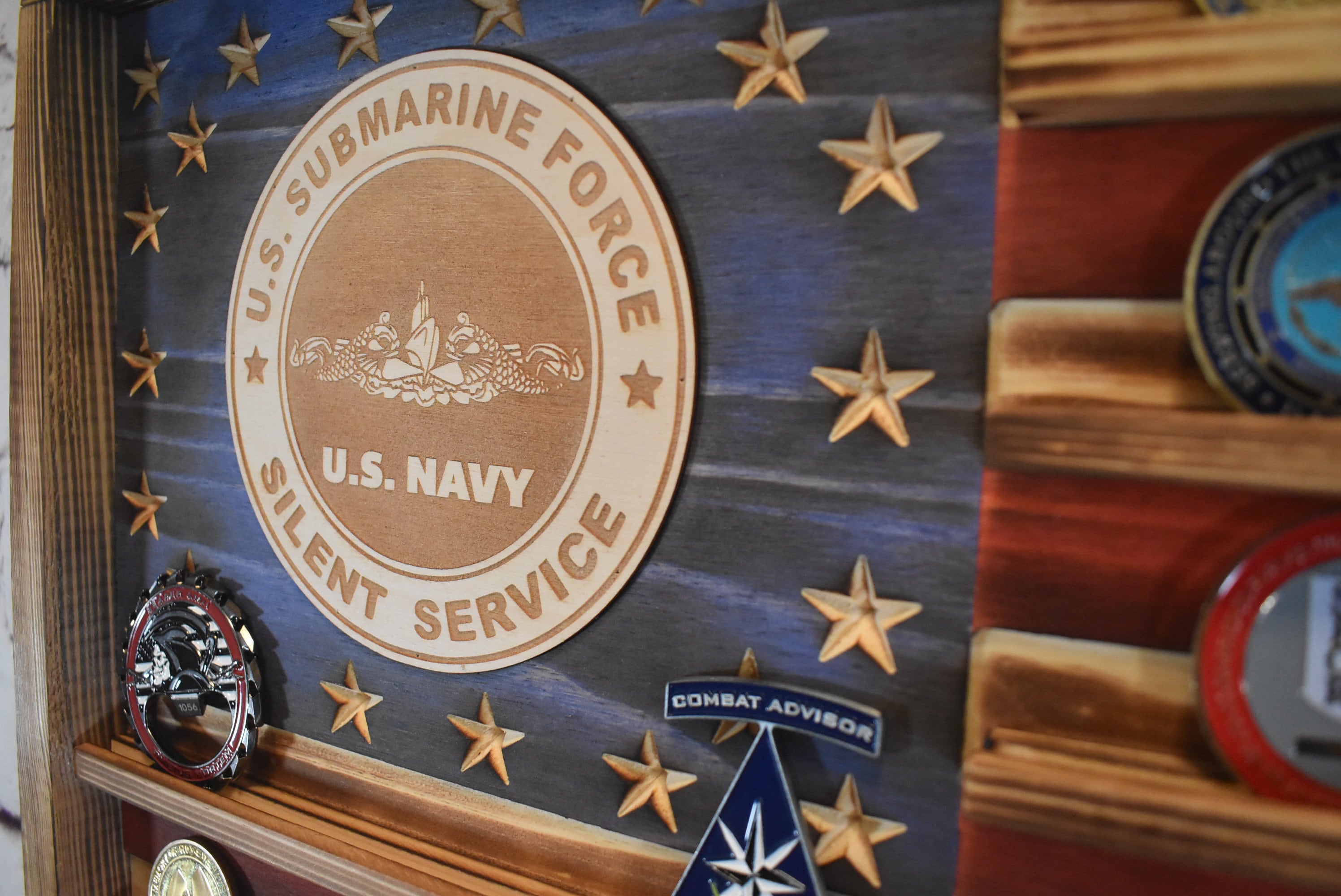 US Navy Silent Service Challenge Coin Display Rack Holder - Rustic Silent Service American Flag - Military Coin Display