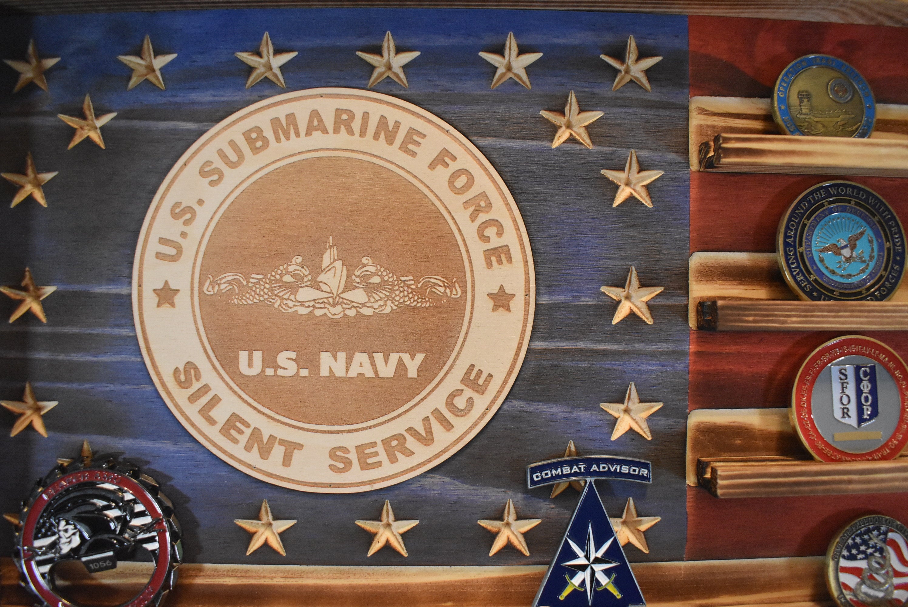 US Navy Silent Service Challenge Coin Display Rack Holder - Rustic Silent Service American Flag - Military Coin Display