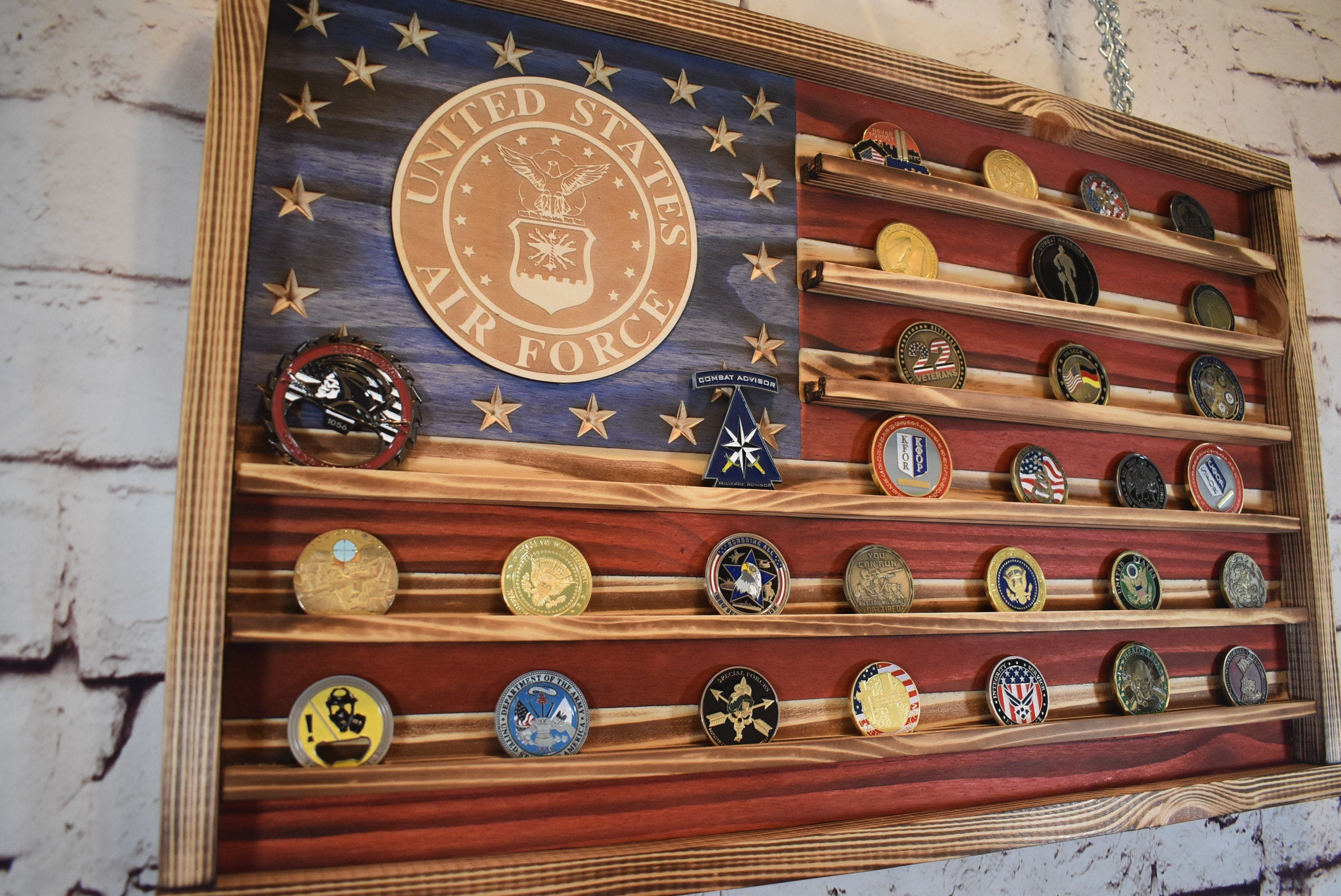 US Air Force Challenge Coin Display Rack Holder - Rustic Air Force American Flag - Military Coin Display