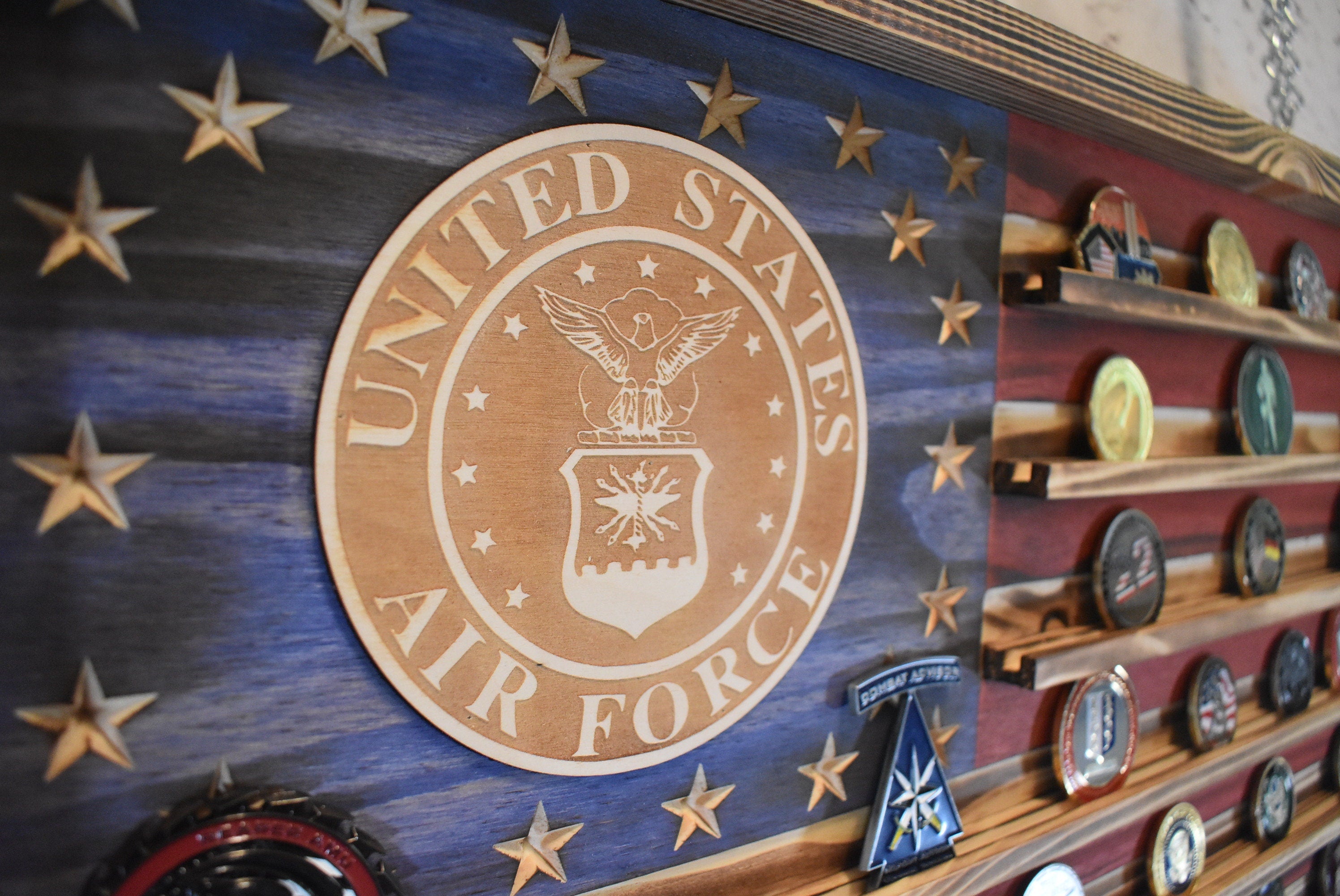 US Air Force Challenge Coin Display Rack Holder - Rustic Air Force American Flag - Military Coin Display