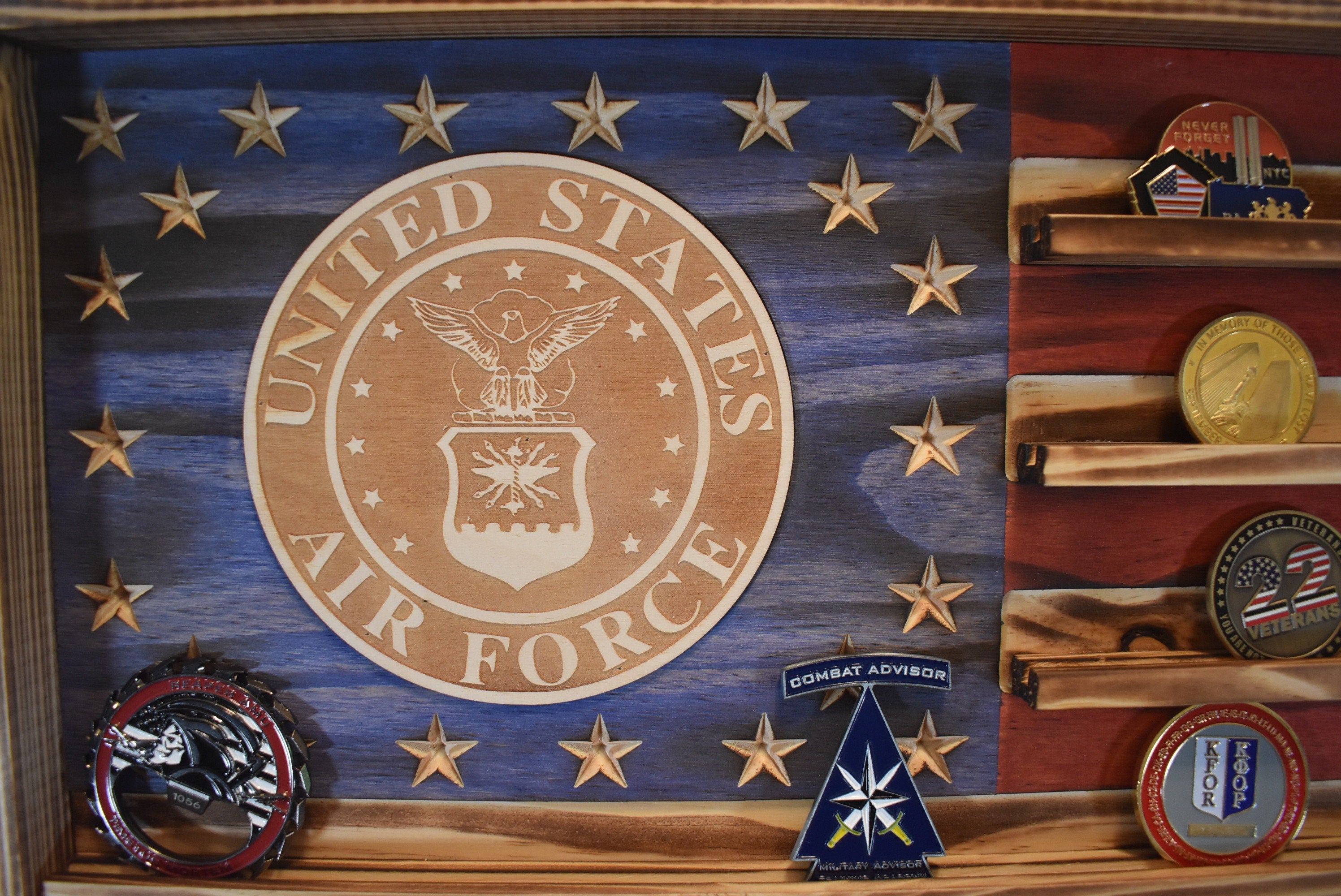 US Air Force Challenge Coin Display Rack Holder - Rustic Air Force American Flag - Military Coin Display